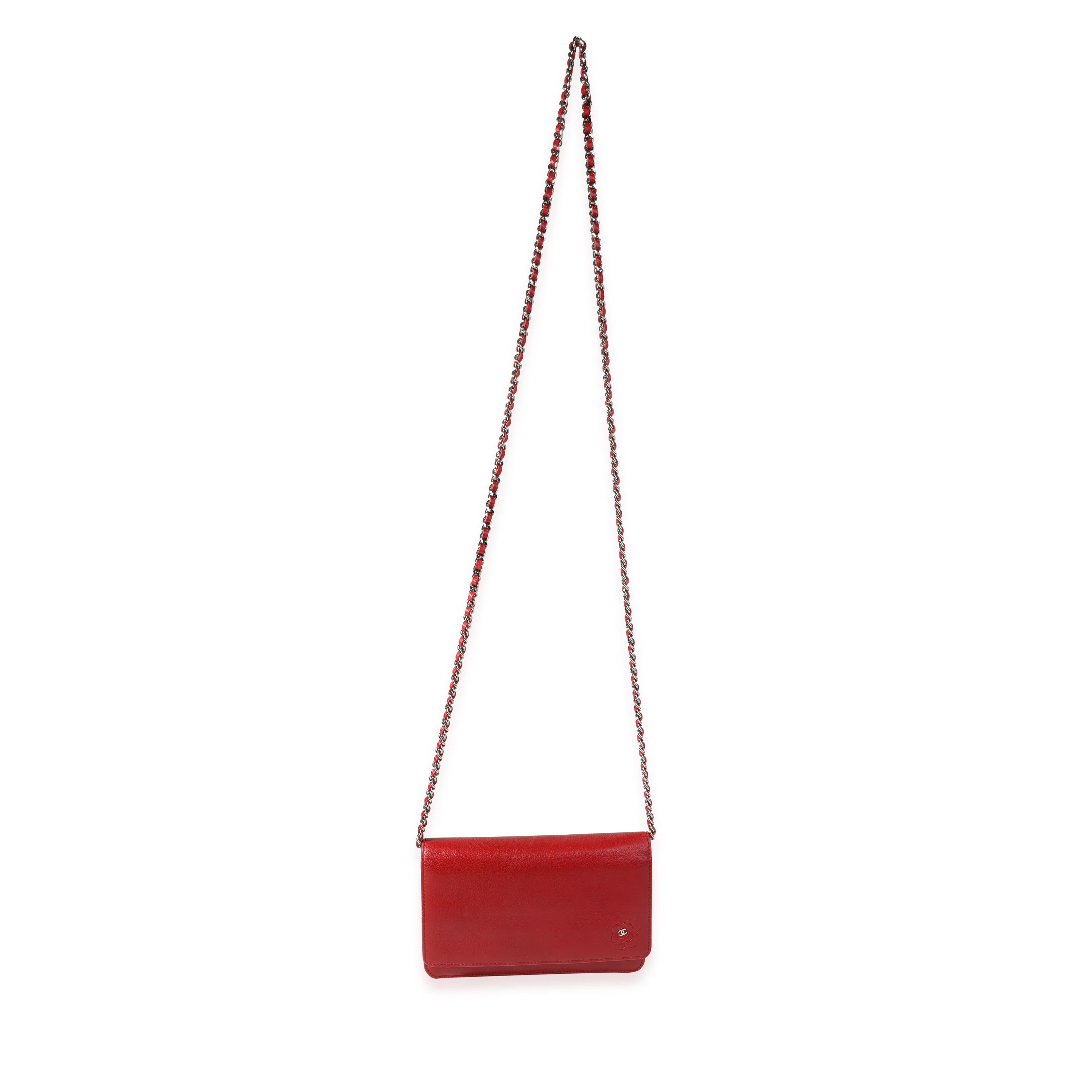 Chanel Red Grained Leather Camellia Wallet On Chain - Image 4