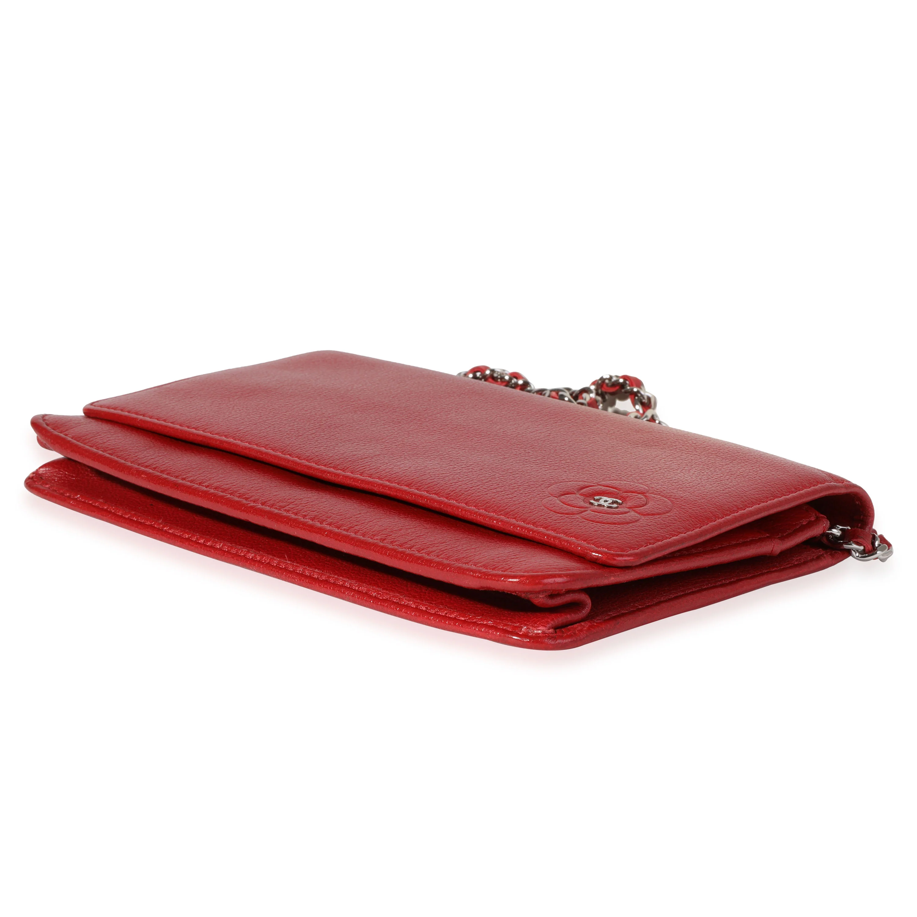 Chanel Red Grained Leather Camellia Wallet On Chain - Image 6