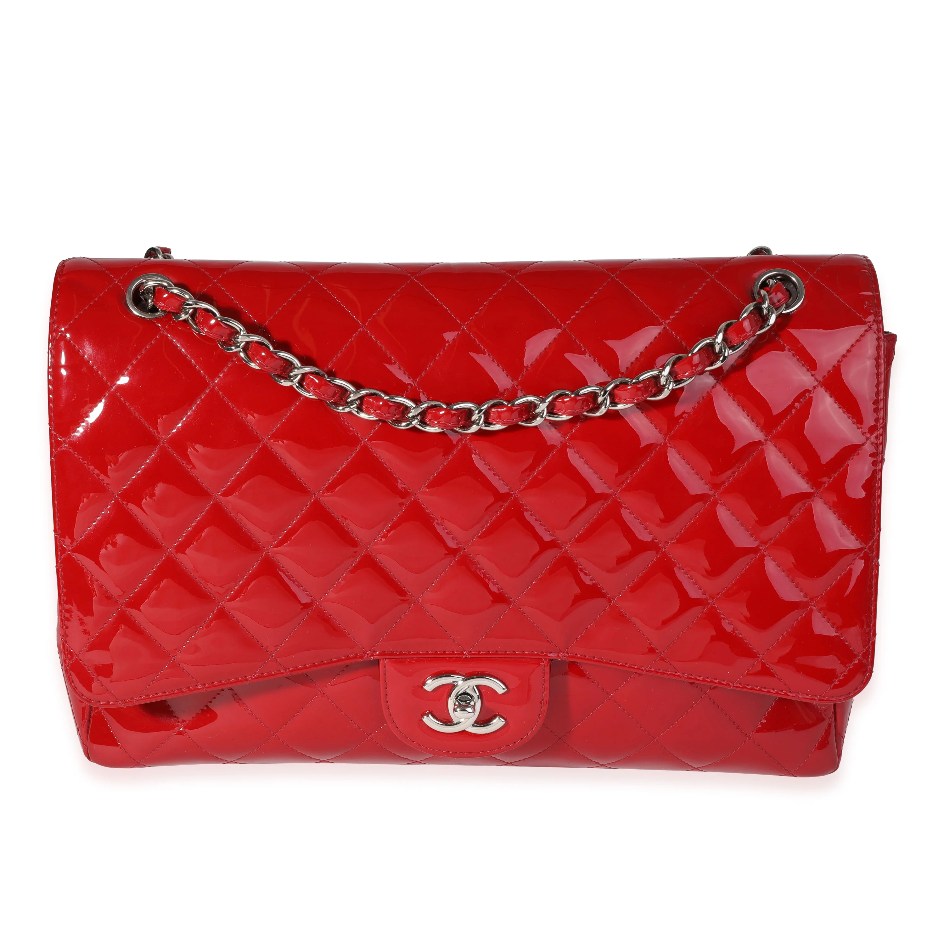 Chanel Red Quilted Patent Leather Maxi Classic Single Flap Bag