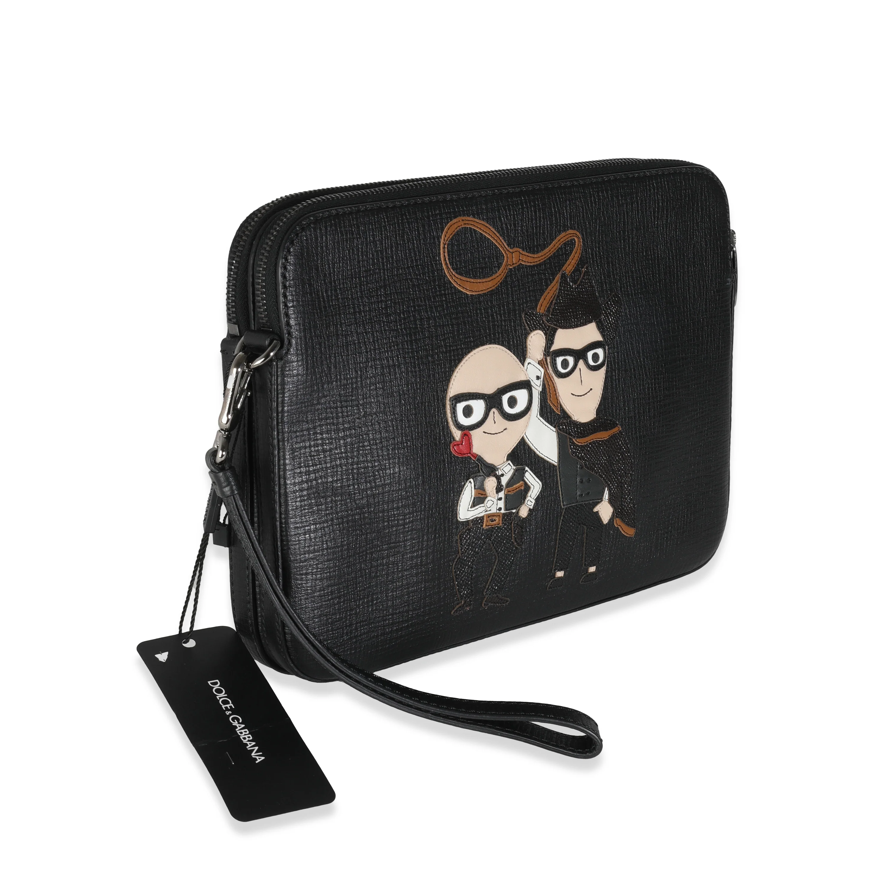 Black Textured Leather Cowboy Men Patch Double Zip Pouch - Image 3