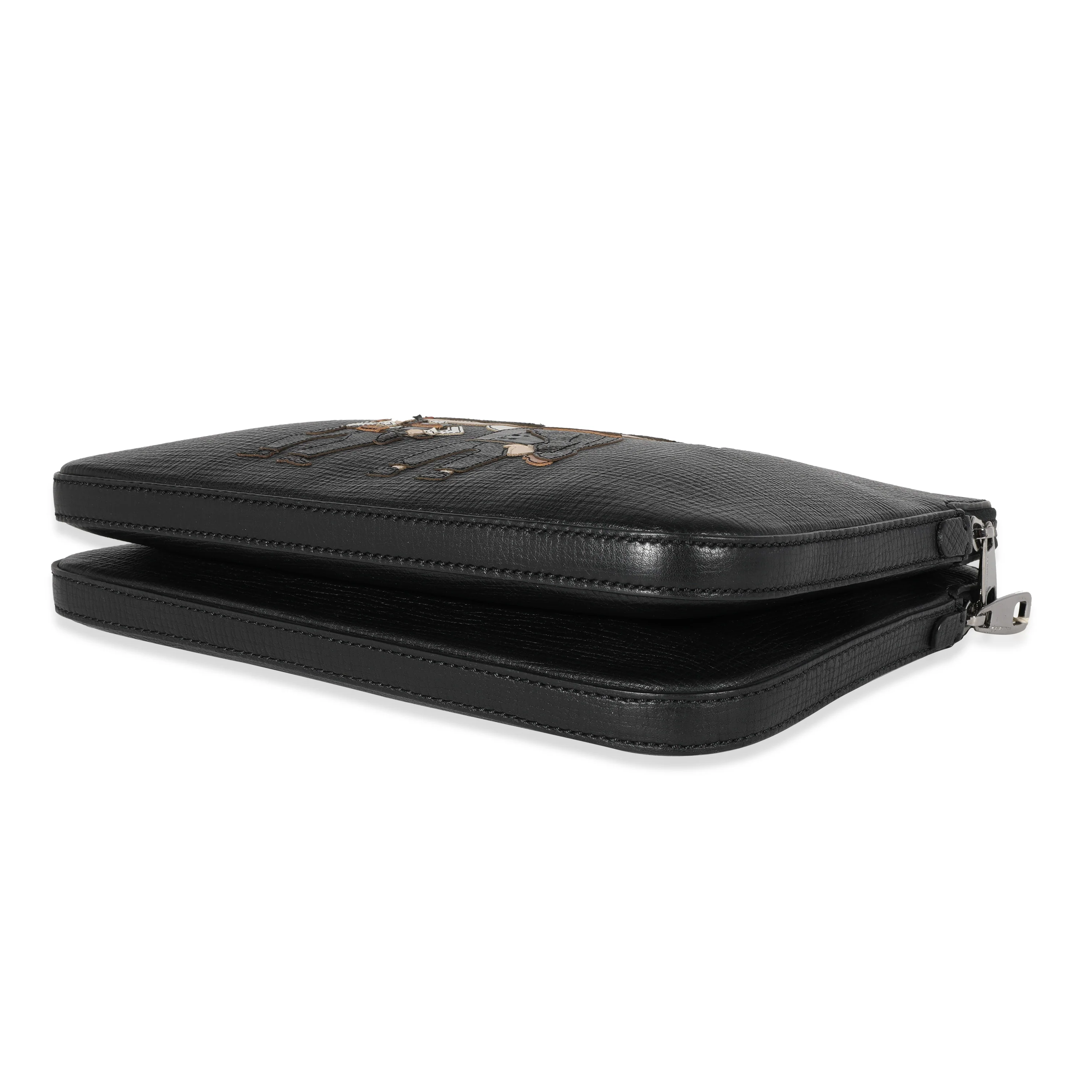 Black Textured Leather Cowboy Men Patch Double Zip Pouch - Image 7