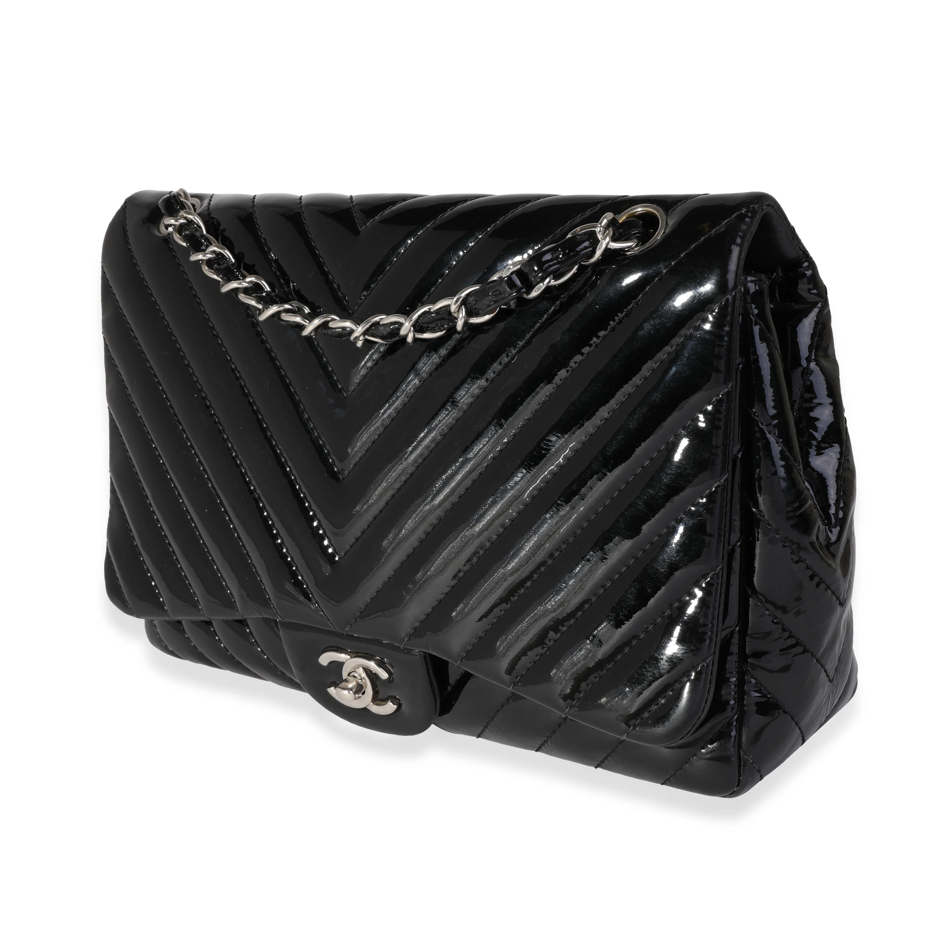 Chanel Black Chevron Quilted Patent Leather Jumbo Classic Single Flap Bag - Image 2