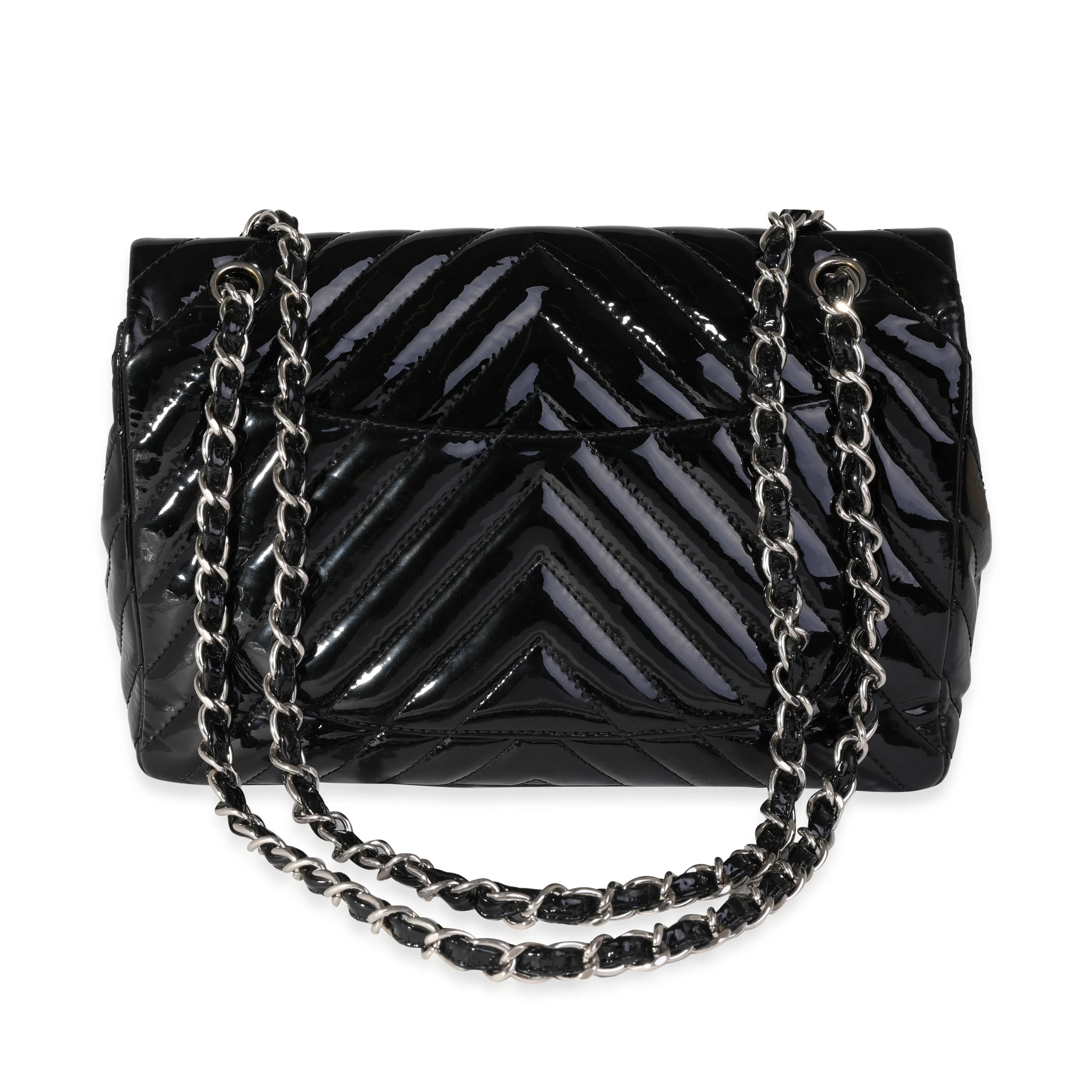 Chanel Black Chevron Quilted Patent Leather Jumbo Classic Single Flap Bag - Image 3