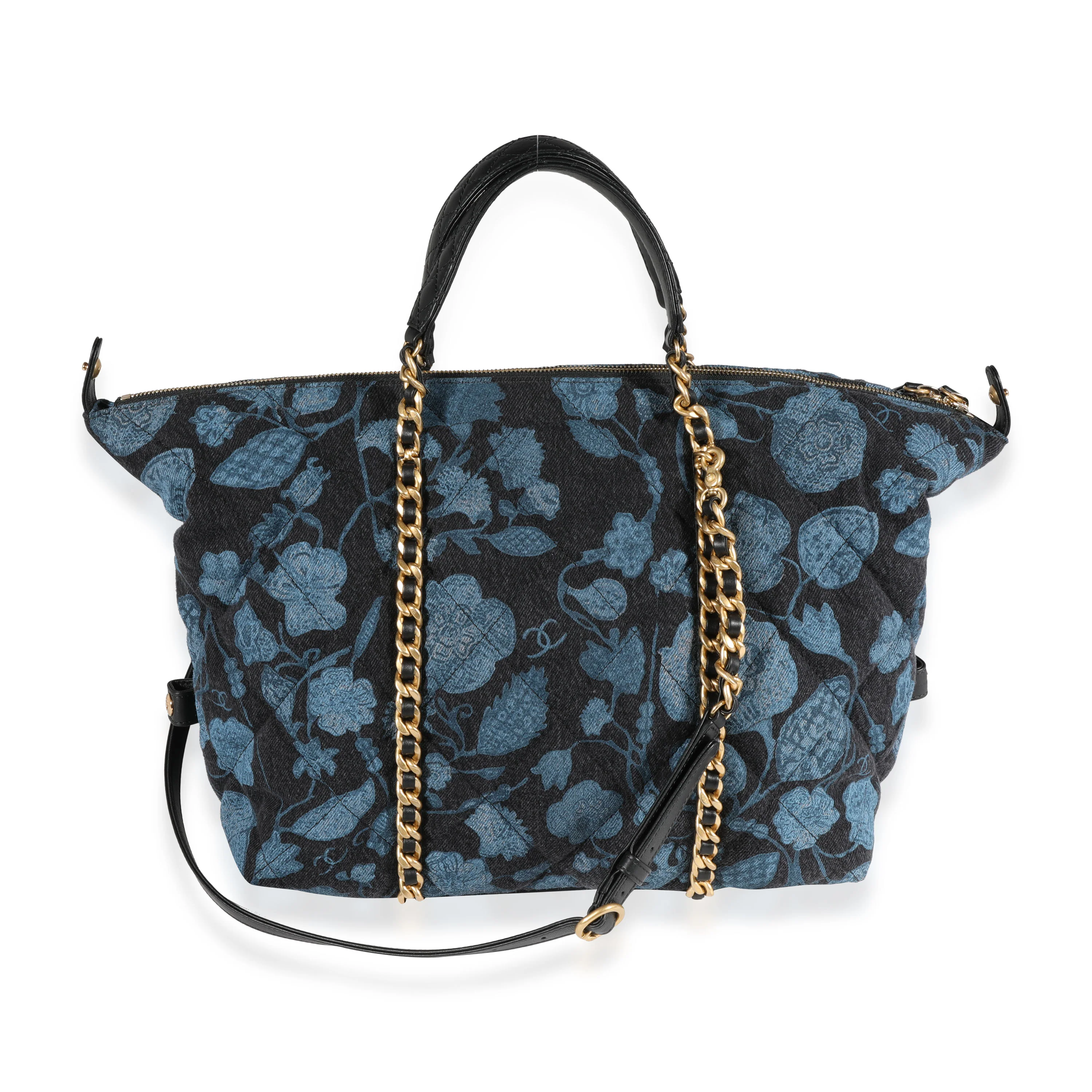 Chanel Blue Floral Quilted Denim Bowling Bag - Image 3