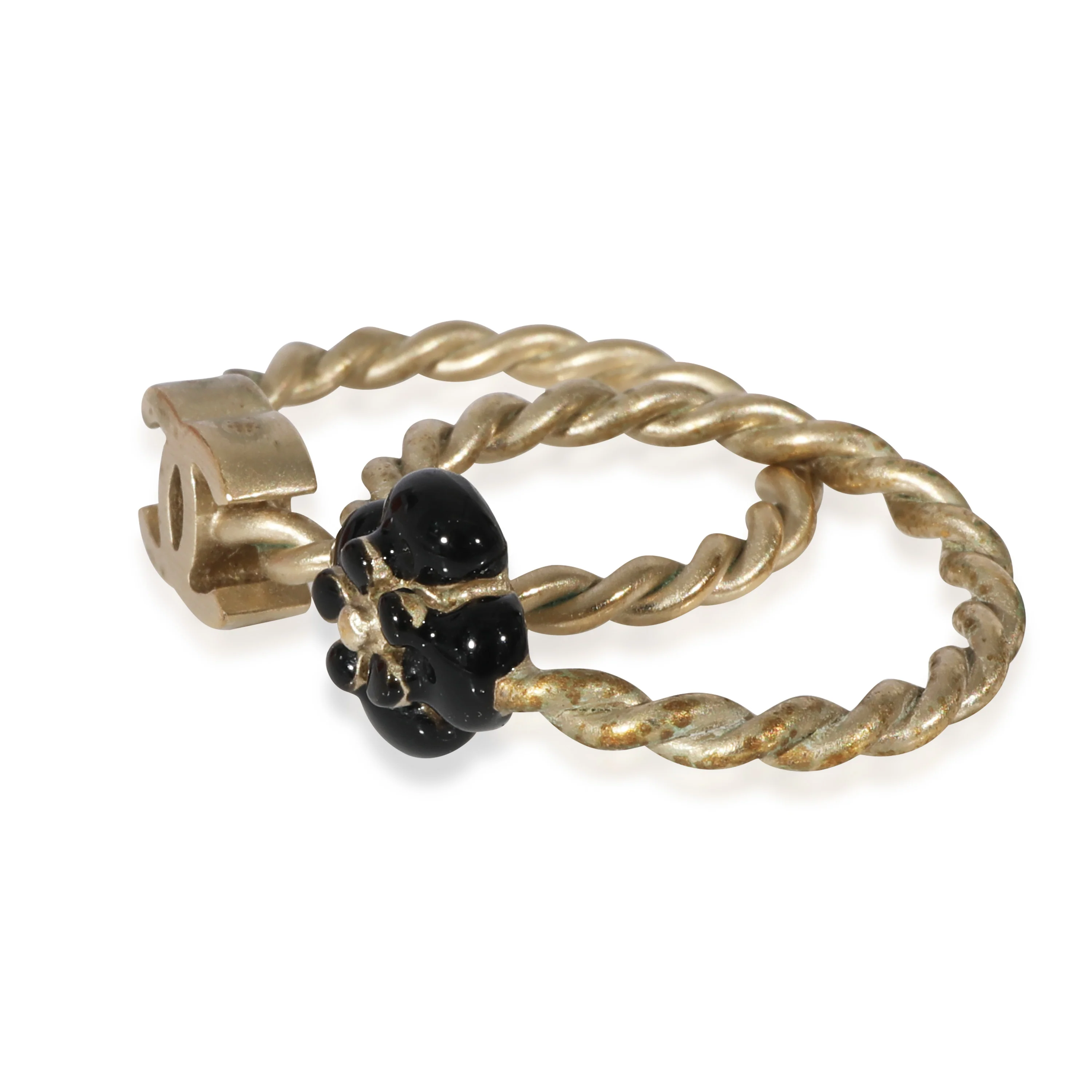 Chanel Gold Tone CC & Black Enamel Flower Ring Set - Image 2