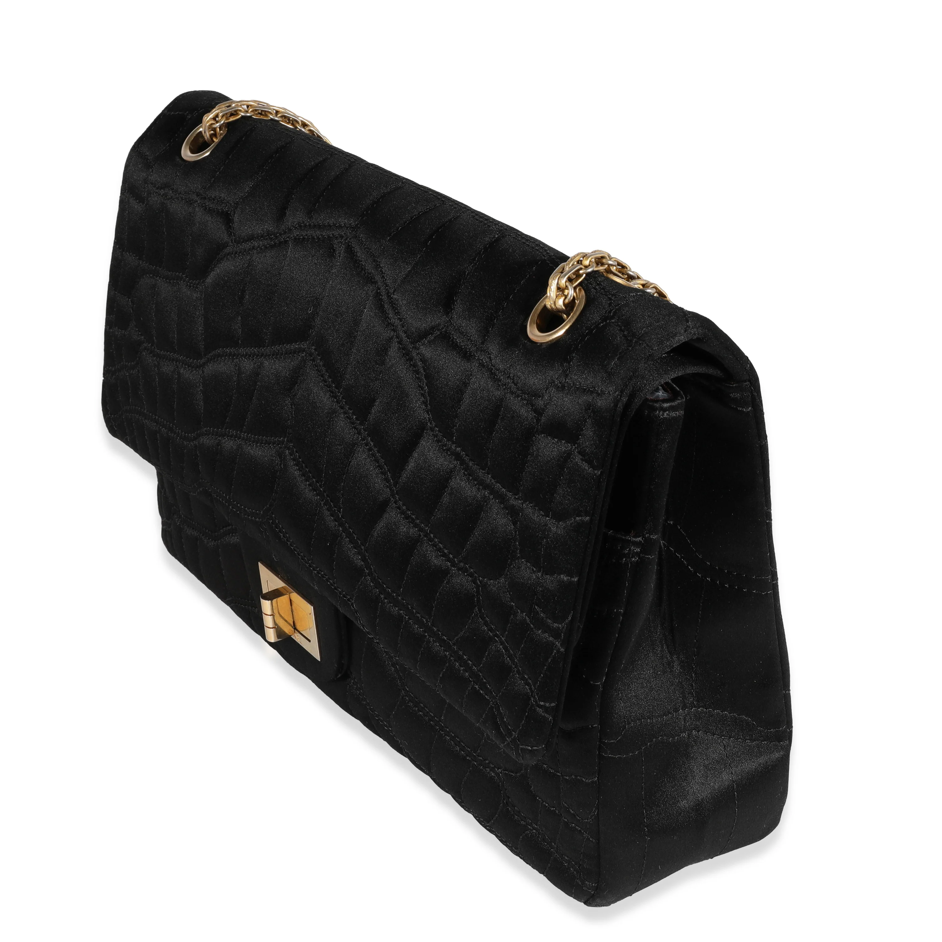 Black Crocodile Stitch Satin Reissue 2.55 227 Double Flap Bag - Image 2