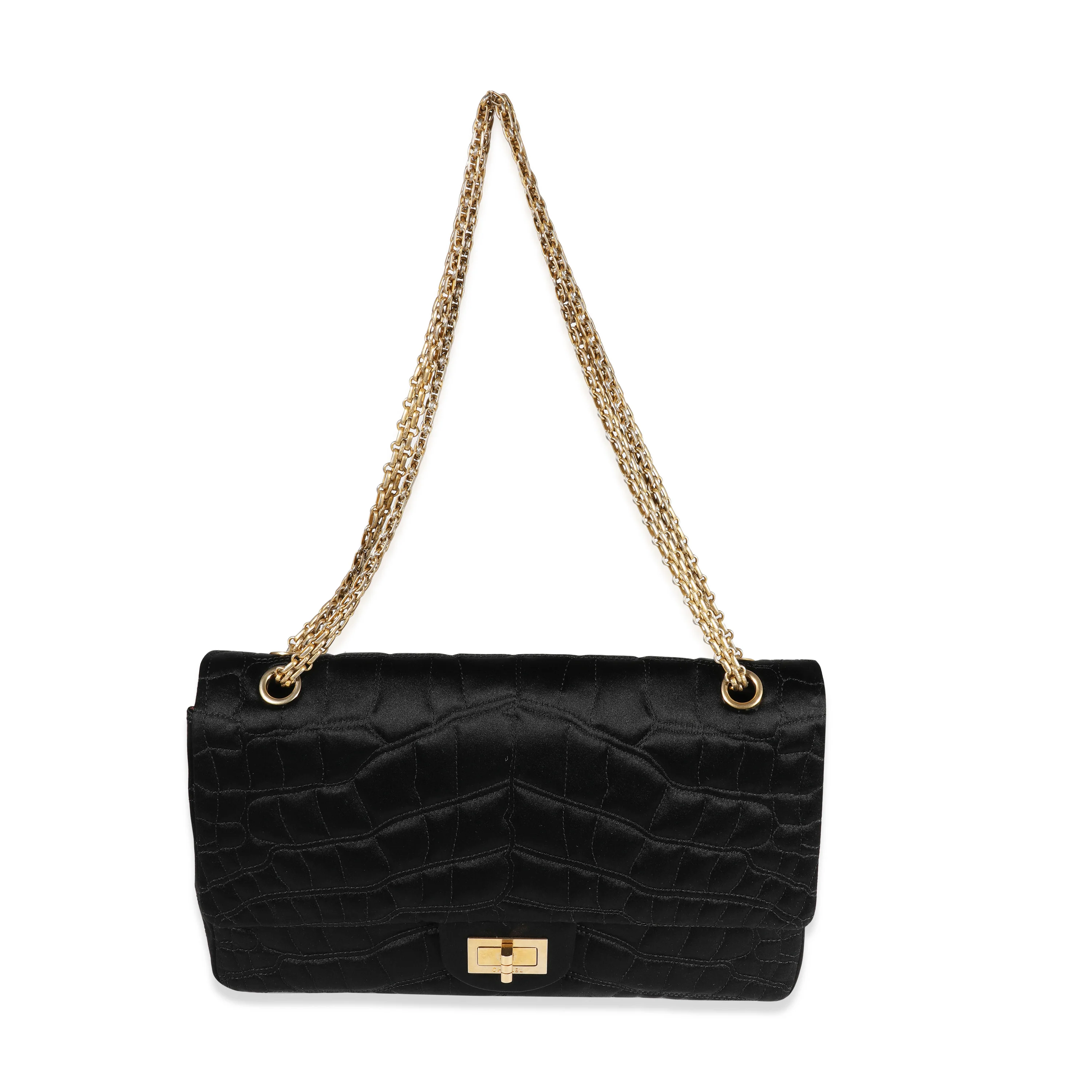 Black Crocodile Stitch Satin Reissue 2.55 227 Double Flap Bag - Image 4