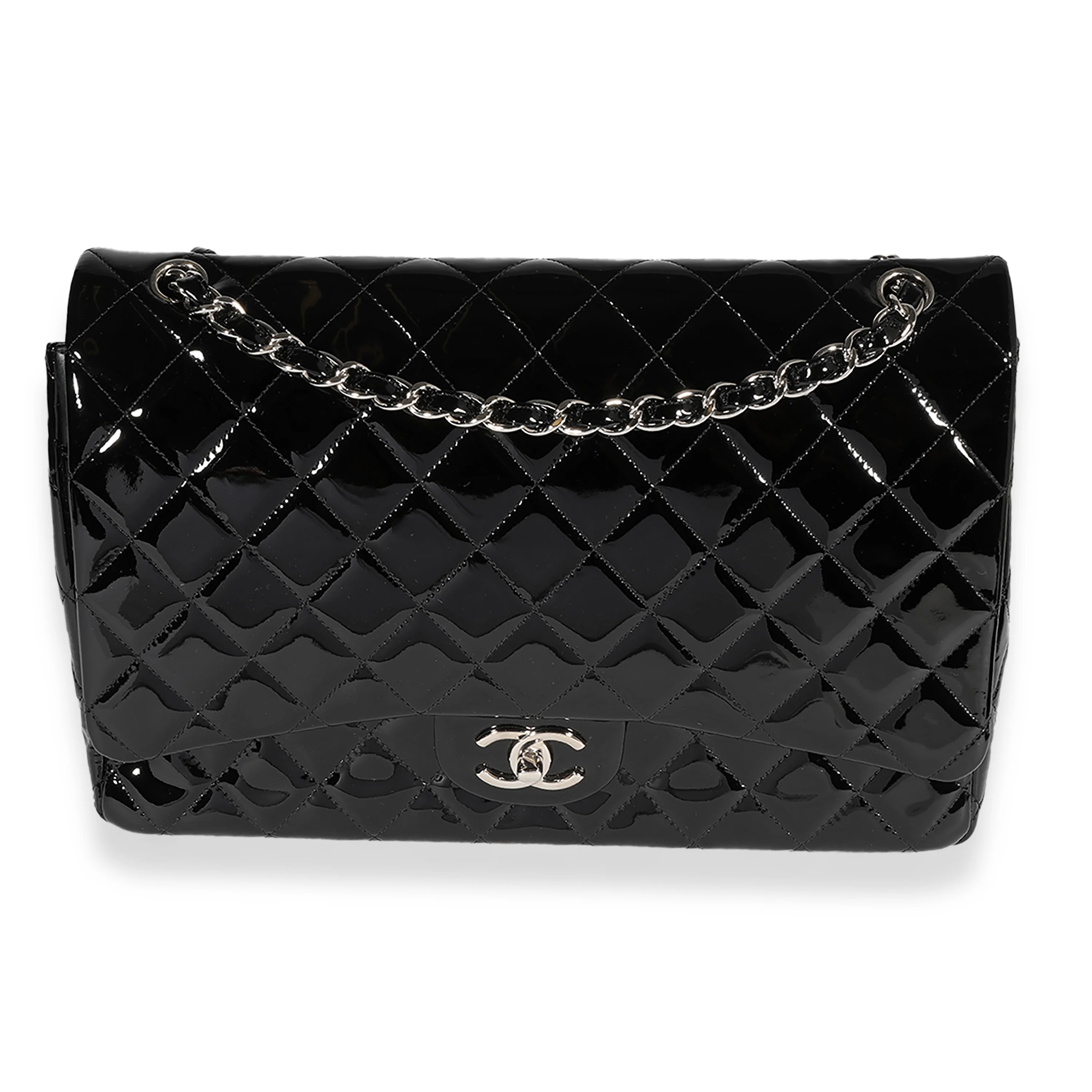 Black Quilted Patent Leather Maxi Classic Double Flap Bag