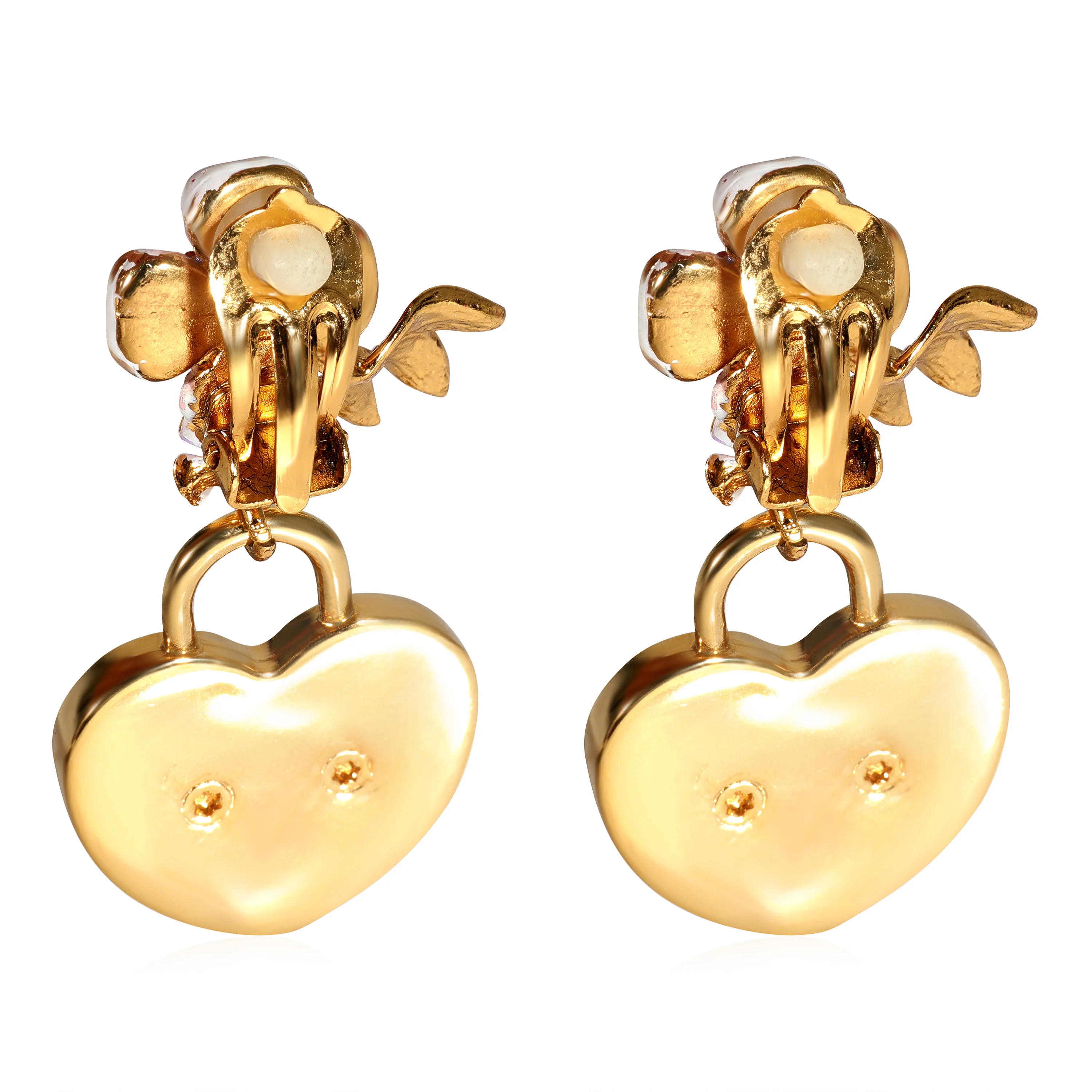 Dolce & Gabbana Gold Tone Heart Padlock Floral Clip On Earrings - Image 3