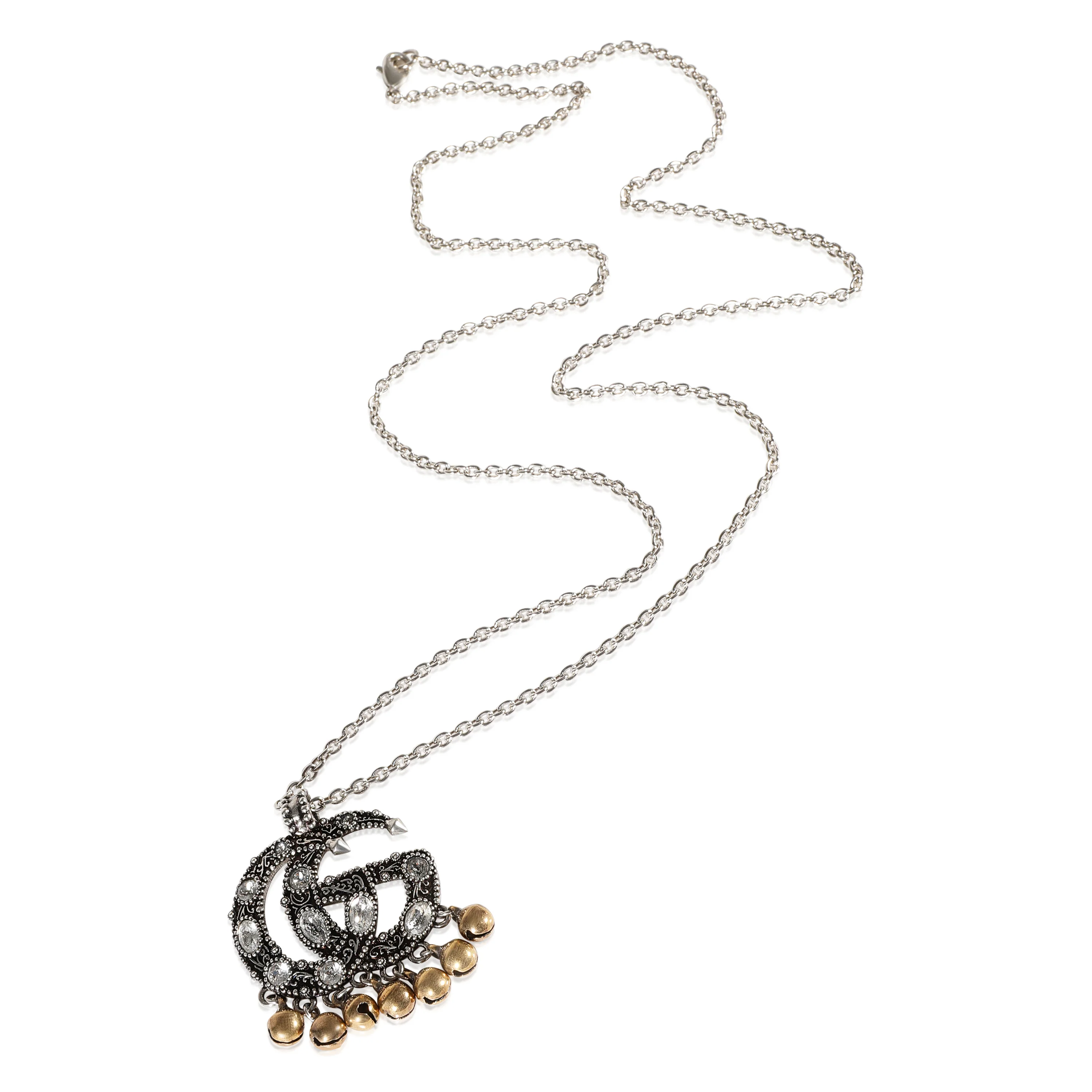 Silver Tone Gucci GG Crystal and Bell Fringe Pendant on Chain - Image 3