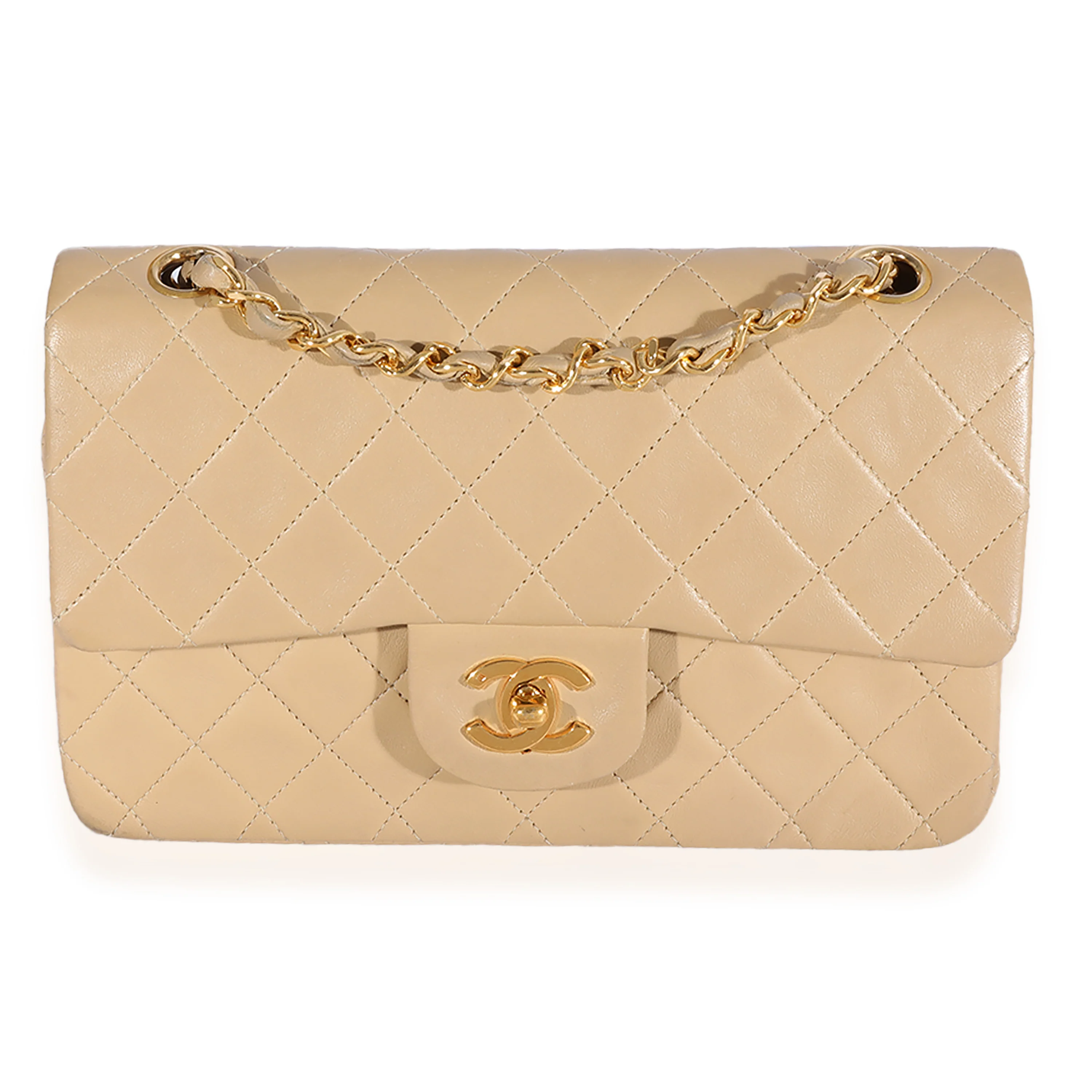Chanel Vintage Beige Quilted Lambskin Small Classic Double Flap Bag