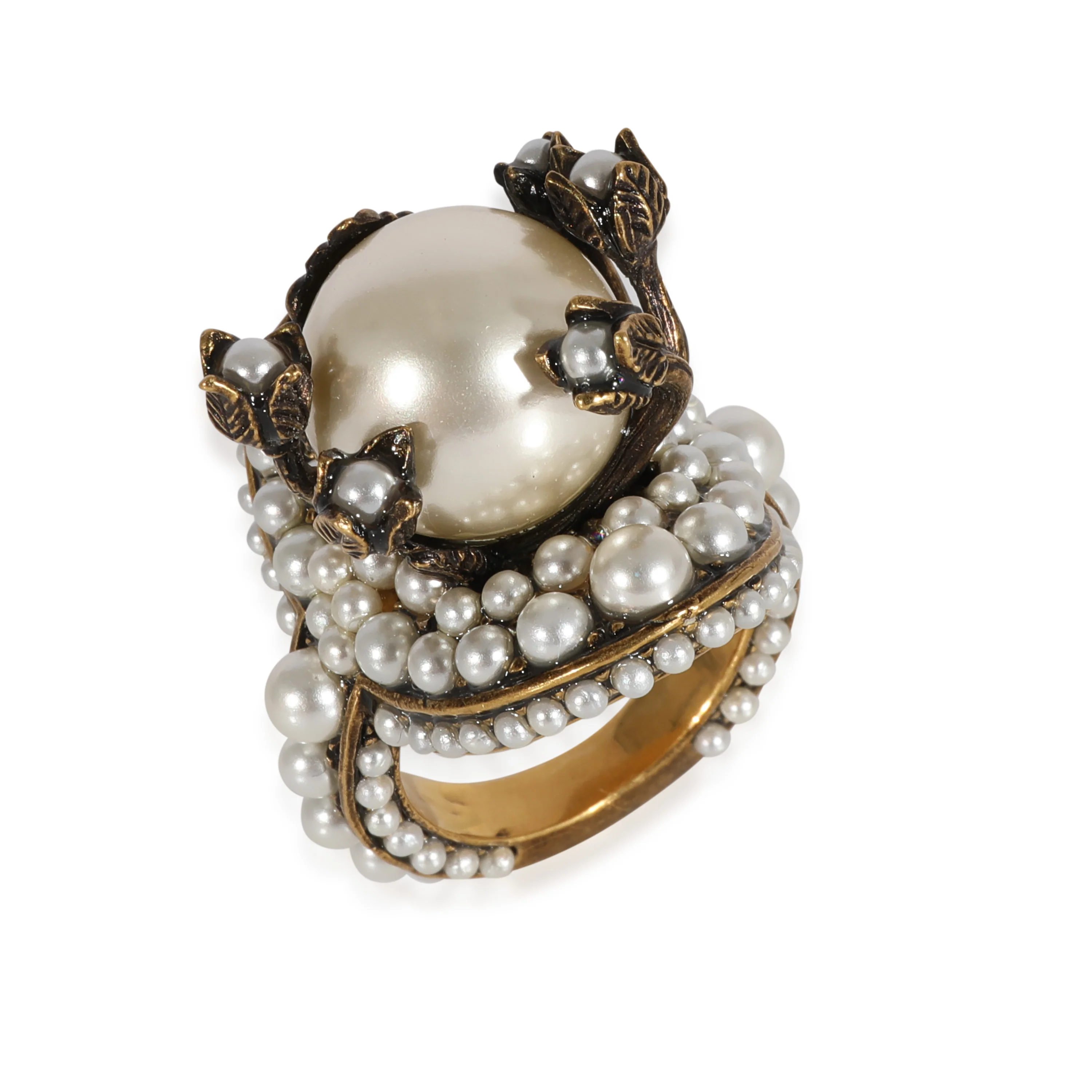 Floral Buds Brass Tone Faux Pearl Flower Cocktail Ring - Image 4