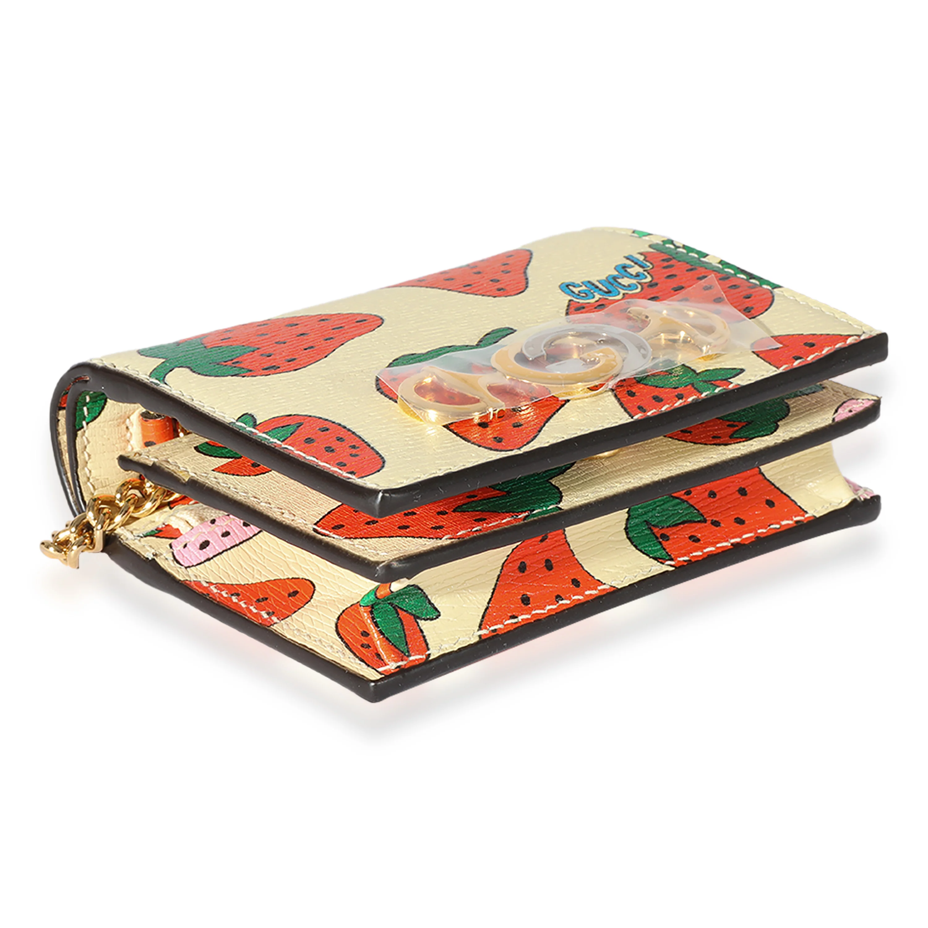 Gucci Creme Calfskin Strawberry Print Zumi Chain Card Case - Image 6
