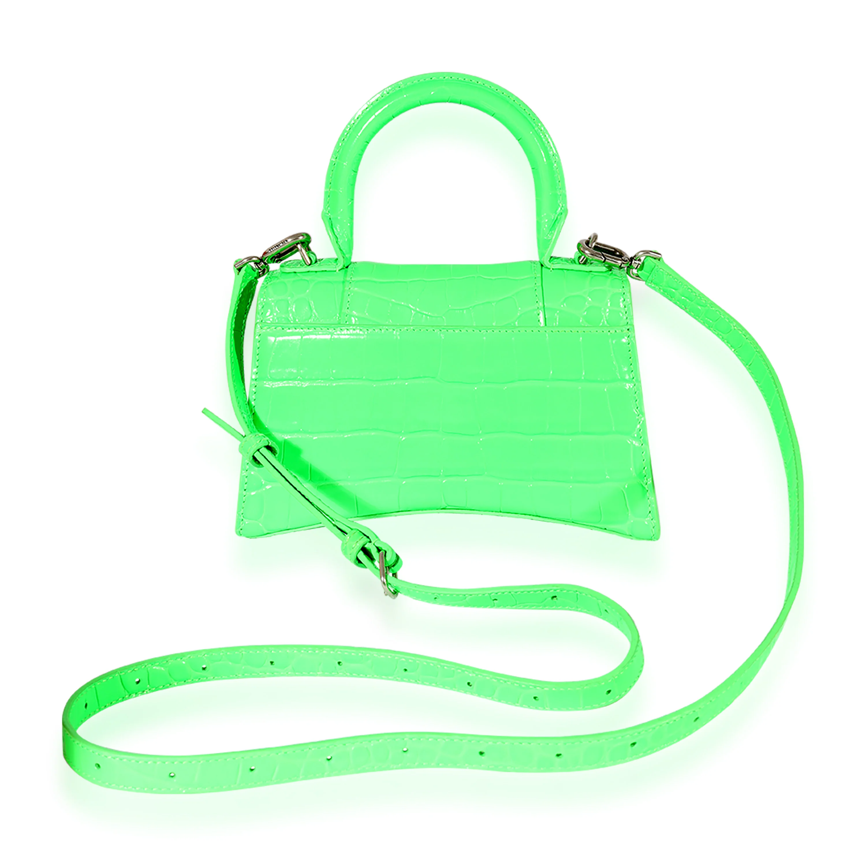 Fluo Green Shiny Calfskin Crocodile Embossed XS Hourglass Top Handle - Image 5
