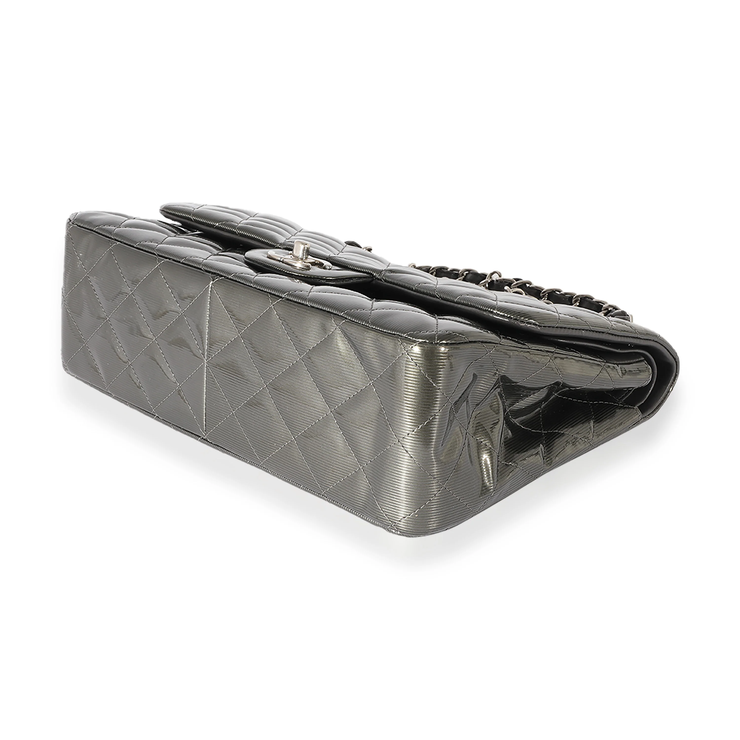 Chanel Grey Patent Leather Stripe Jumbo Double Flap - Image 7