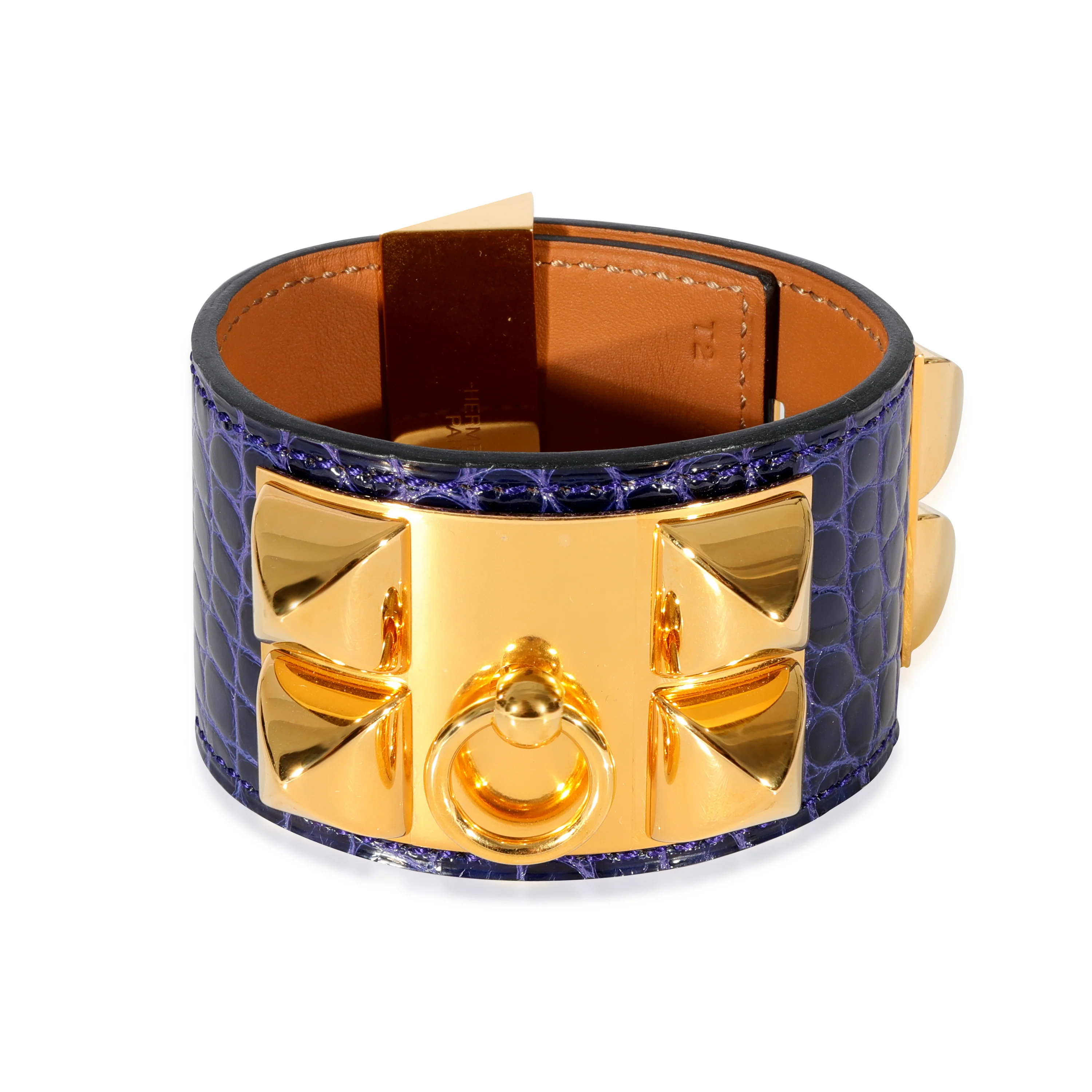 Hermès Gold Toned Collier De Chien 1.5 Wide Bracelet in Purple Alligator