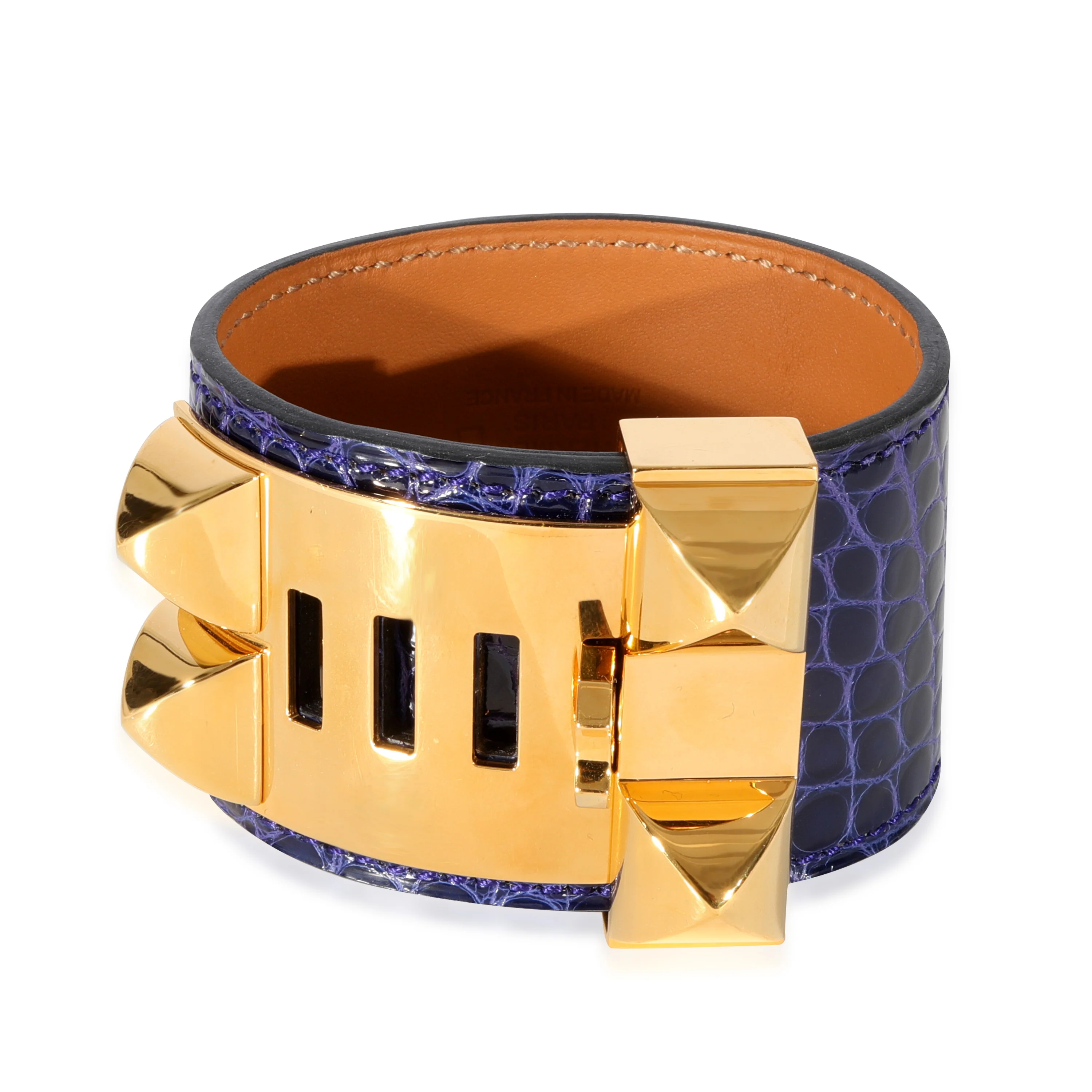 Hermès Gold Toned Collier De Chien 1.5 Wide Bracelet in Purple Alligator - Image 3