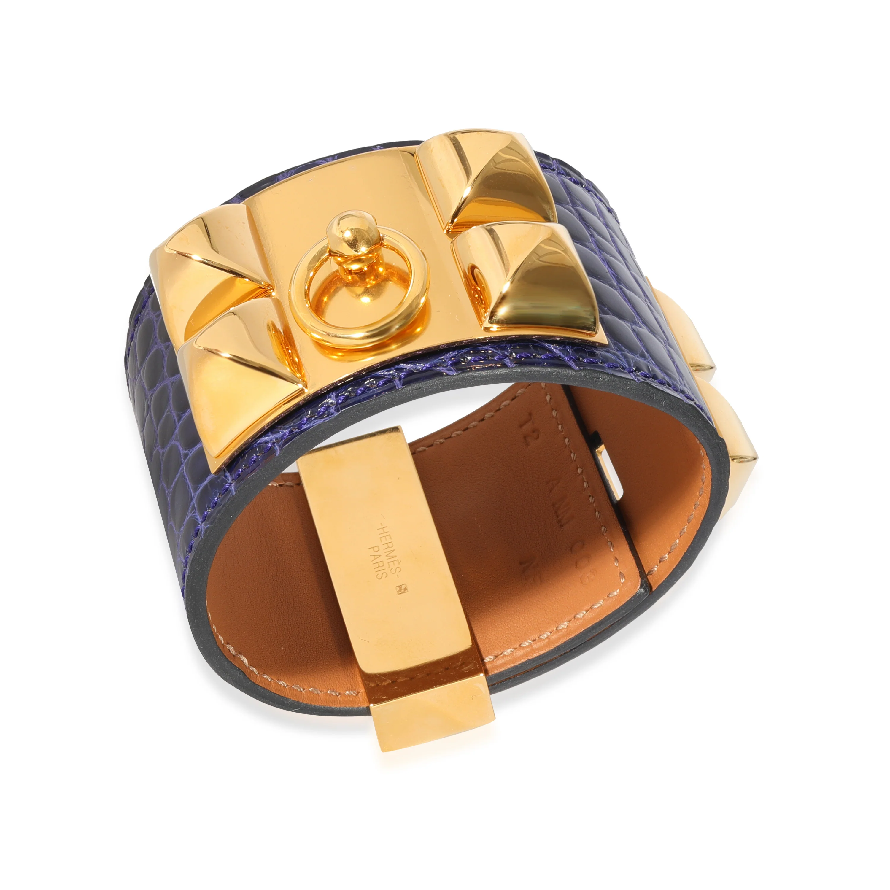 Hermès Gold Toned Collier De Chien 1.5 Wide Bracelet in Purple Alligator - Image 4