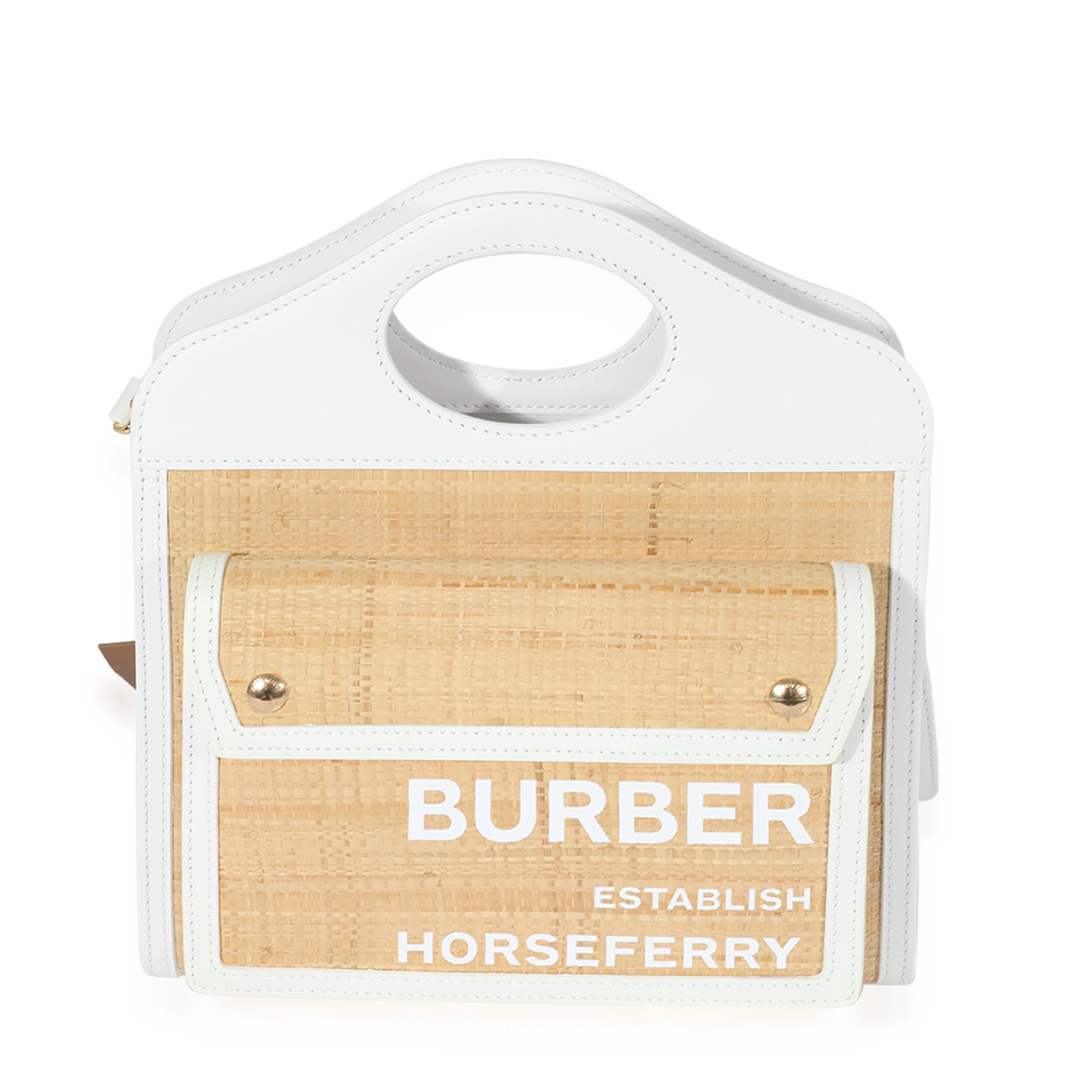 Burberry White Leather & Natural Raffia Mini Pocket Bag