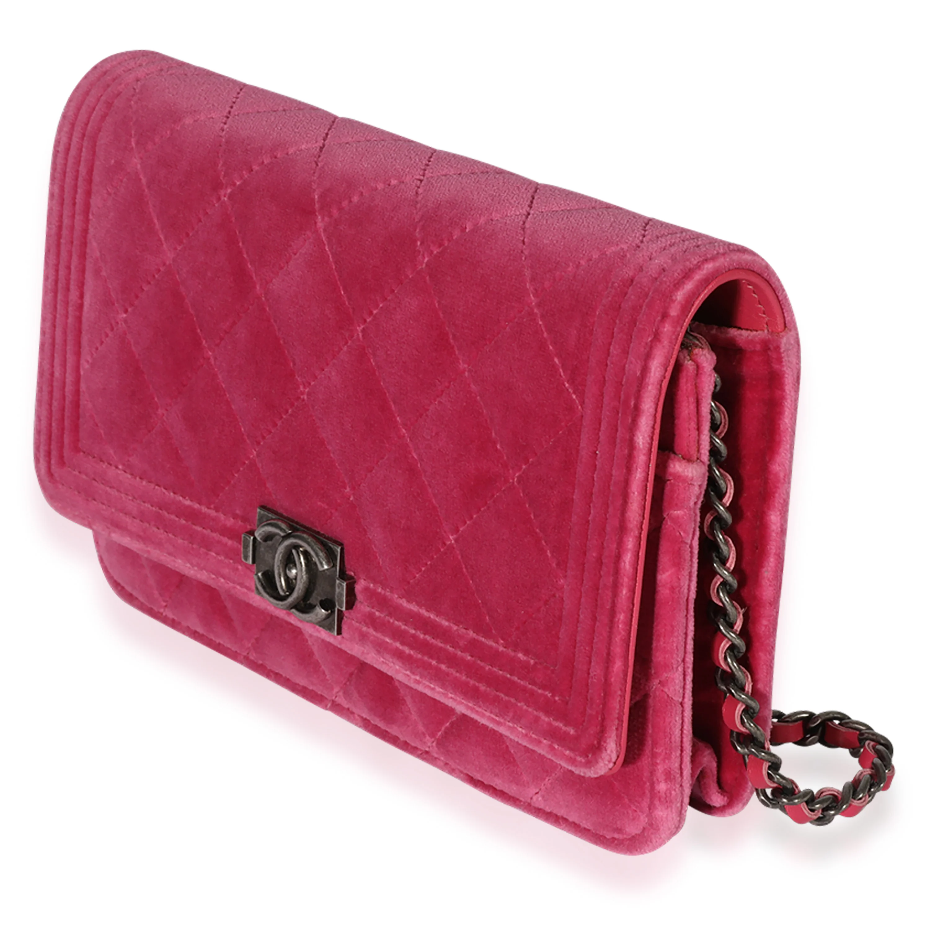 Chanel Pink Velvet Boy Wallet On Chain - Image 2