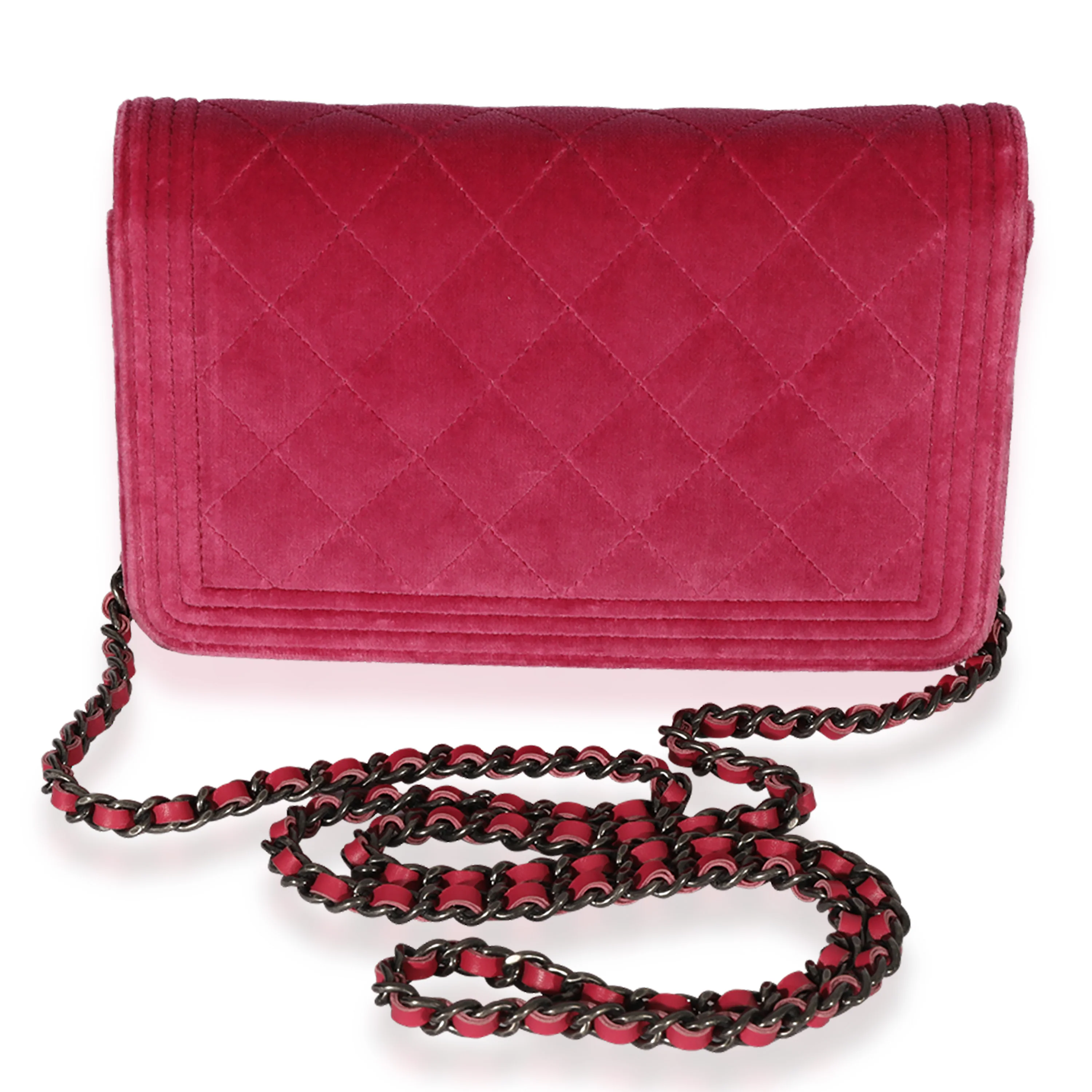 Chanel Pink Velvet Boy Wallet On Chain - Image 3
