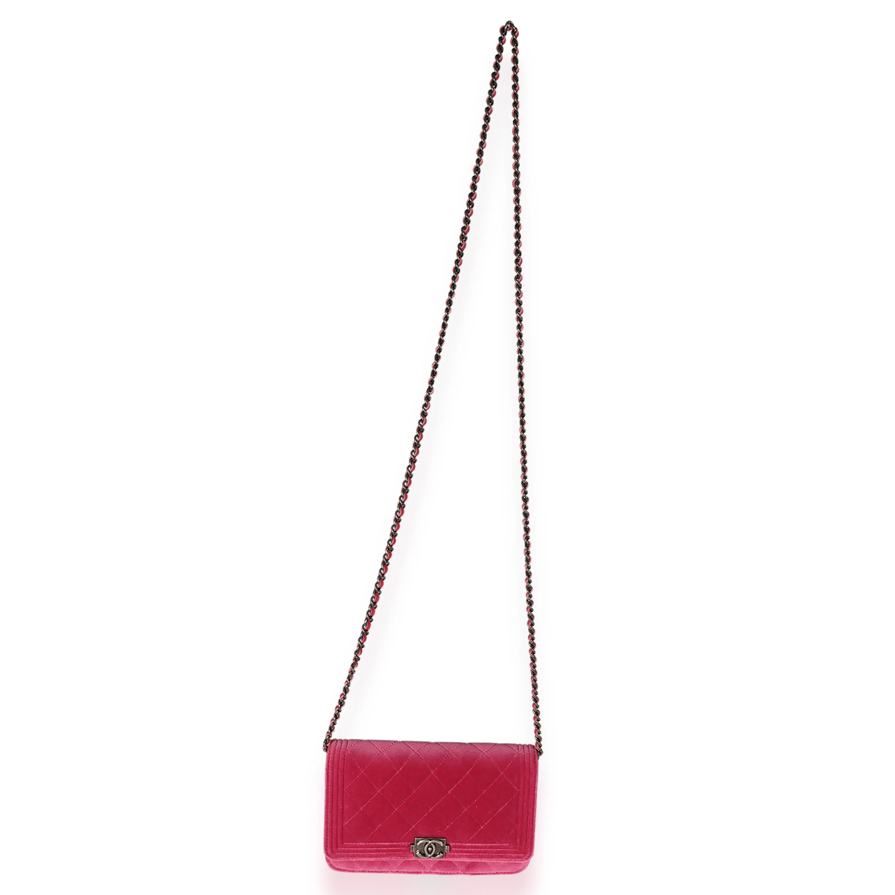 Chanel Pink Velvet Boy Wallet On Chain - Image 4
