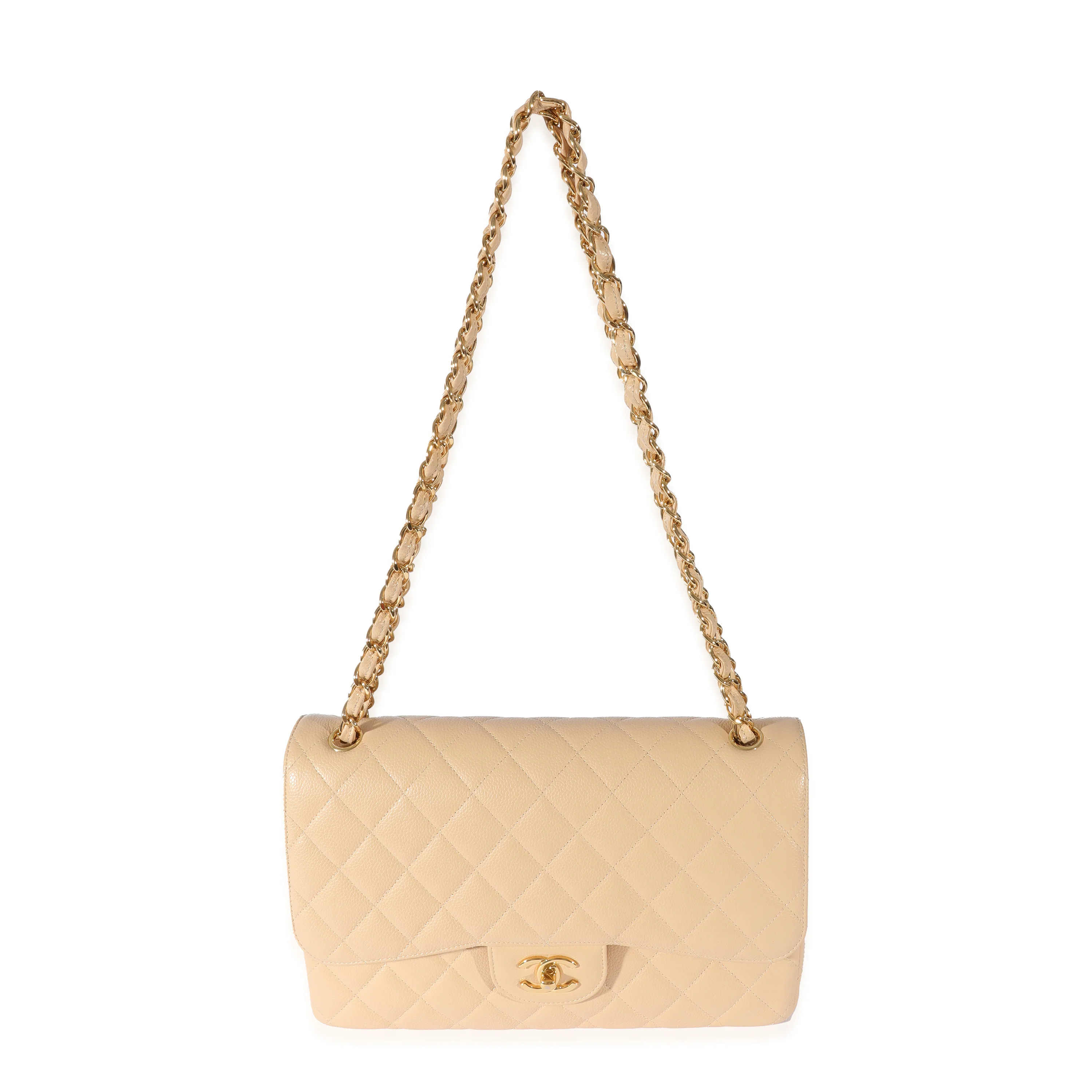 Beige Quilted Caviar Jumbo Classic Double Flap Bag - Image 4