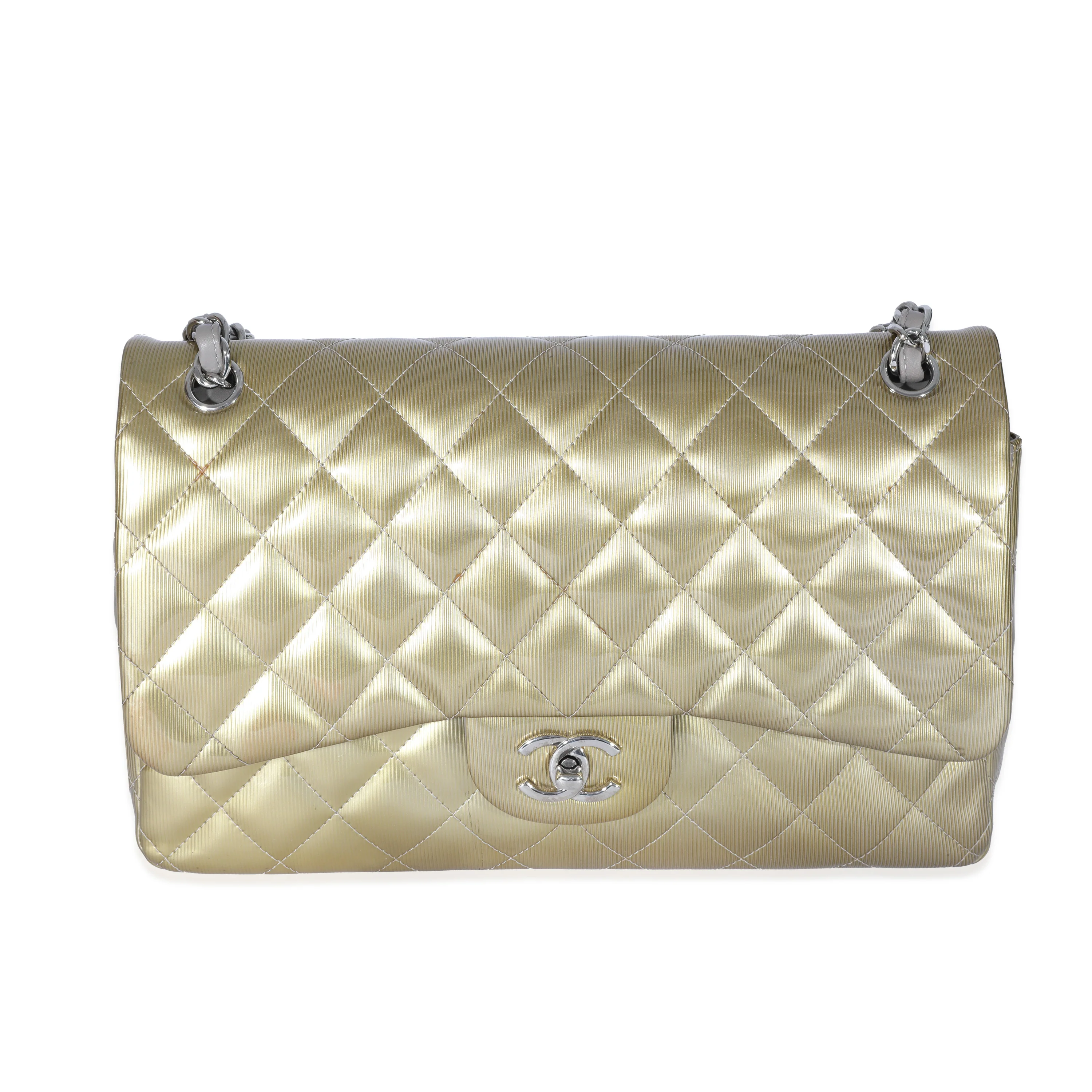 Chanel Gold Patent Stripe Jumbo Classic Flap Bag