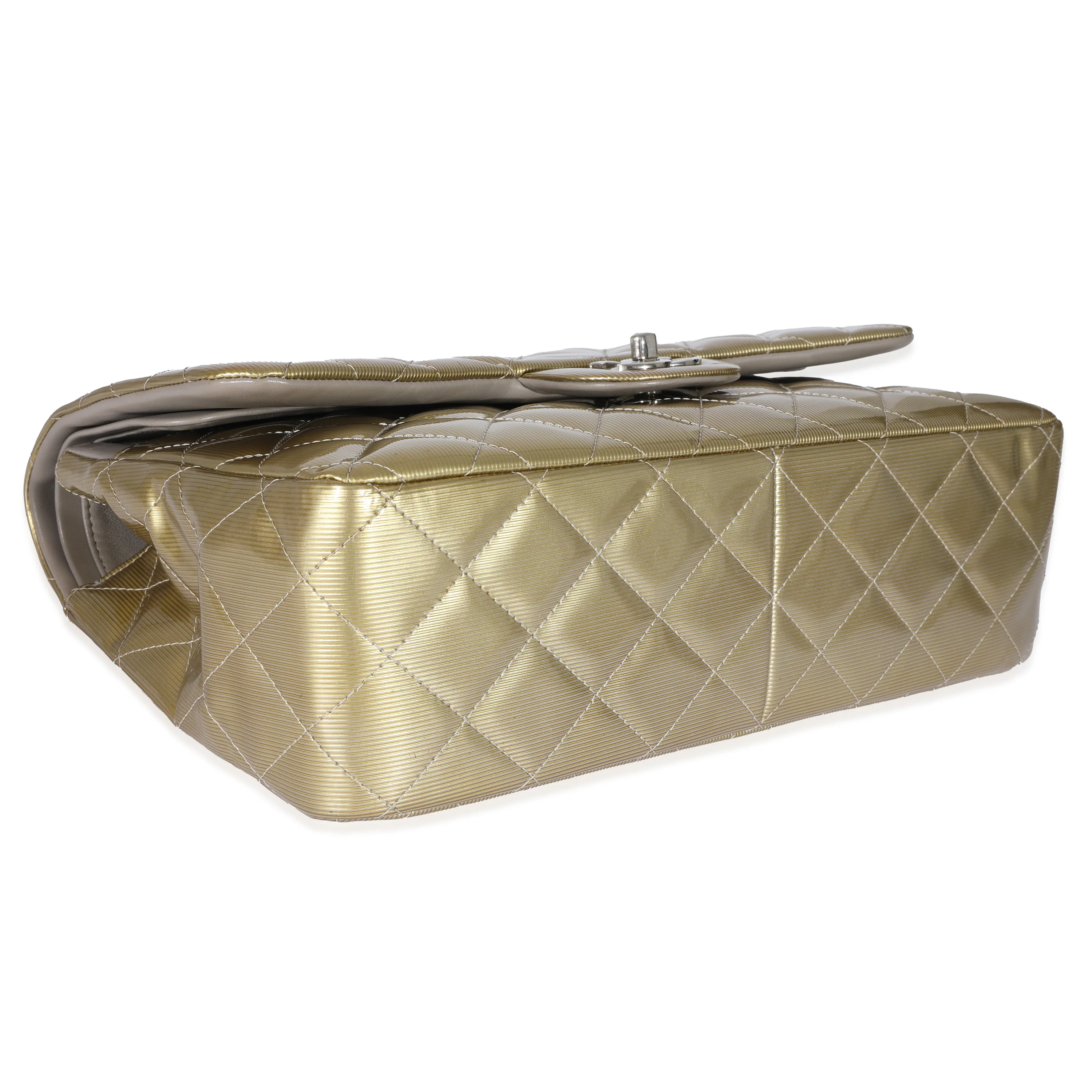 Chanel Gold Patent Stripe Jumbo Classic Flap Bag - Image 6
