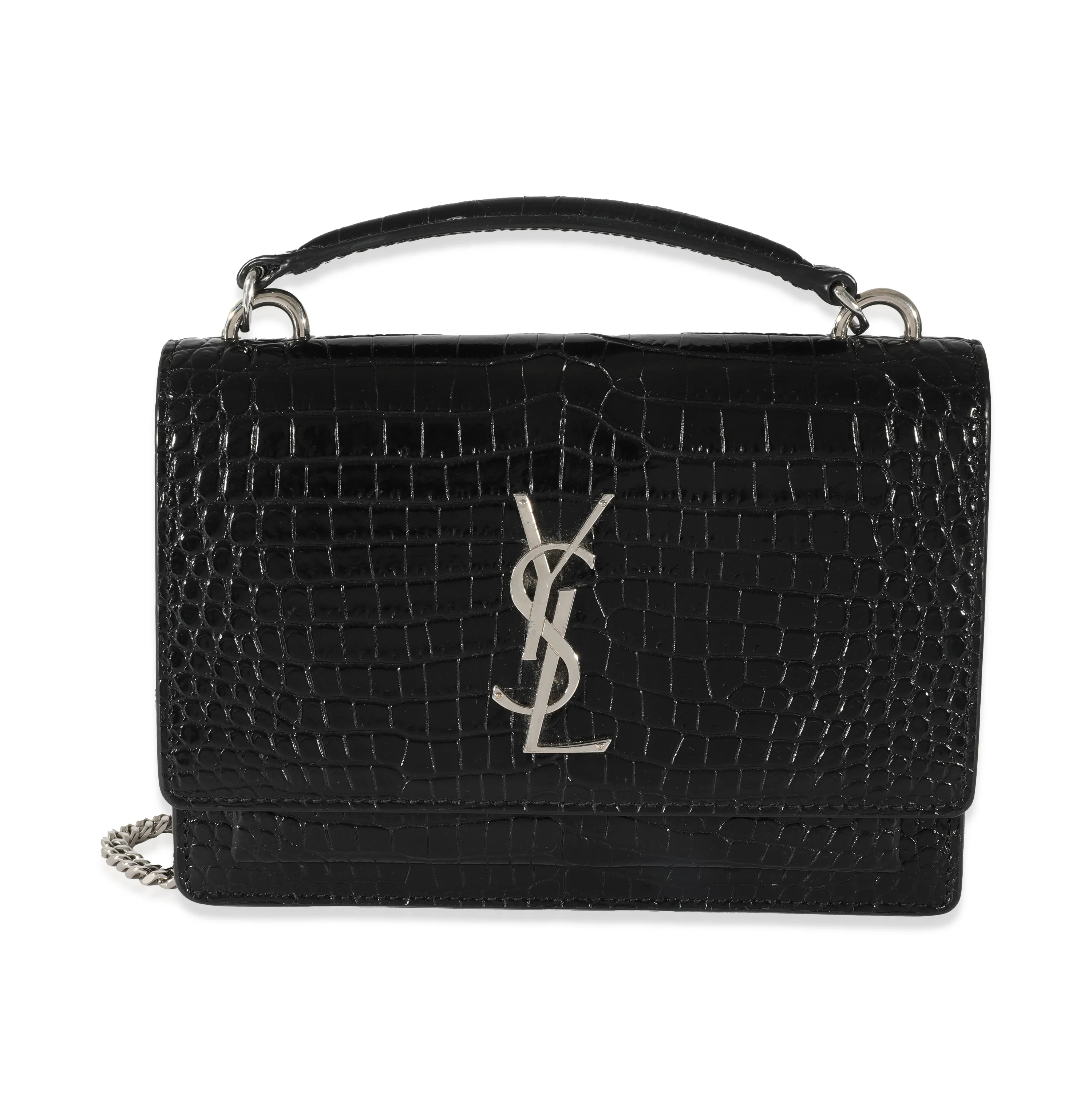 Saint Laurent Black Croc Embossed Small Sunset Chain Wallet