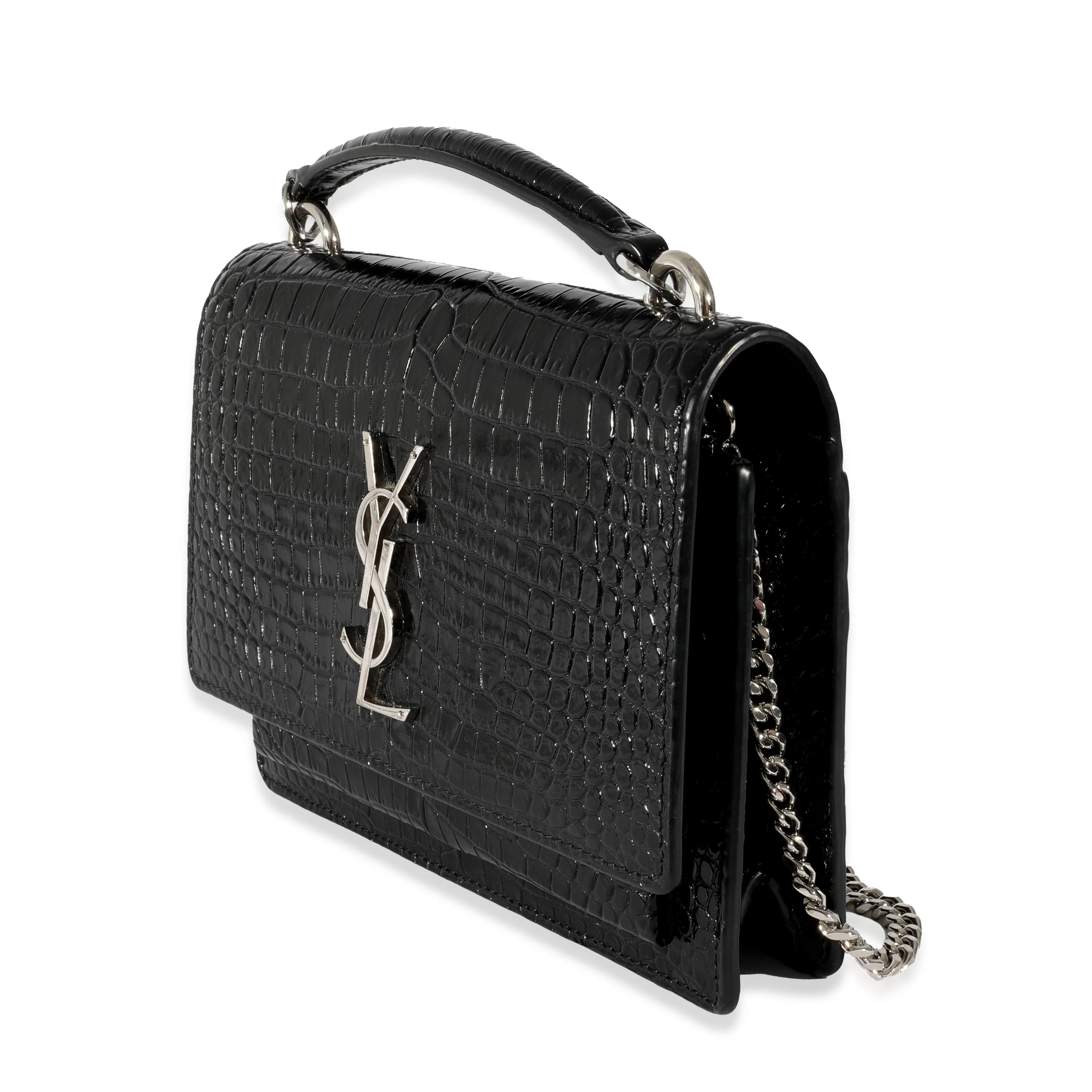 Saint Laurent Black Croc Embossed Small Sunset Chain Wallet - Image 2
