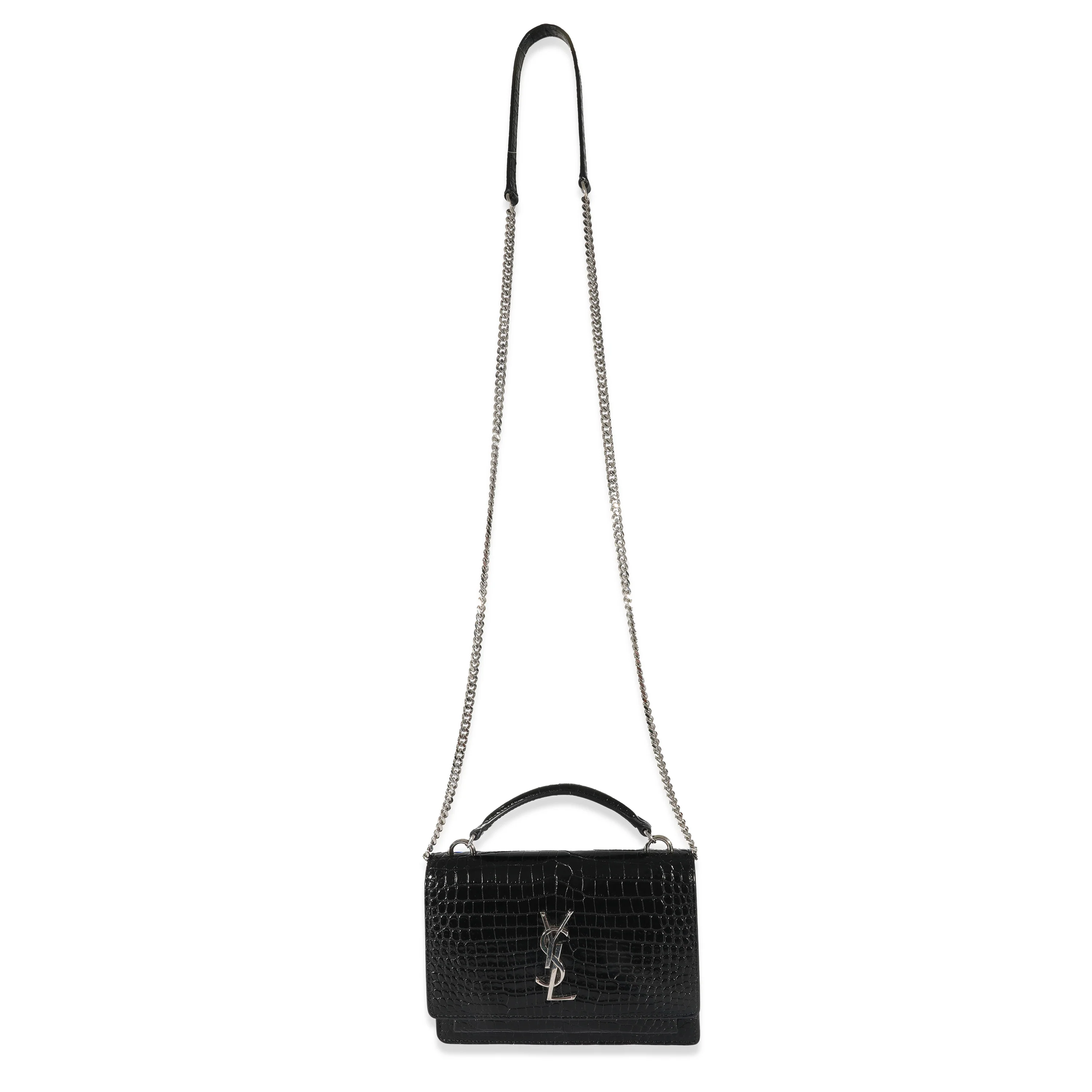Saint Laurent Black Croc Embossed Small Sunset Chain Wallet - Image 4