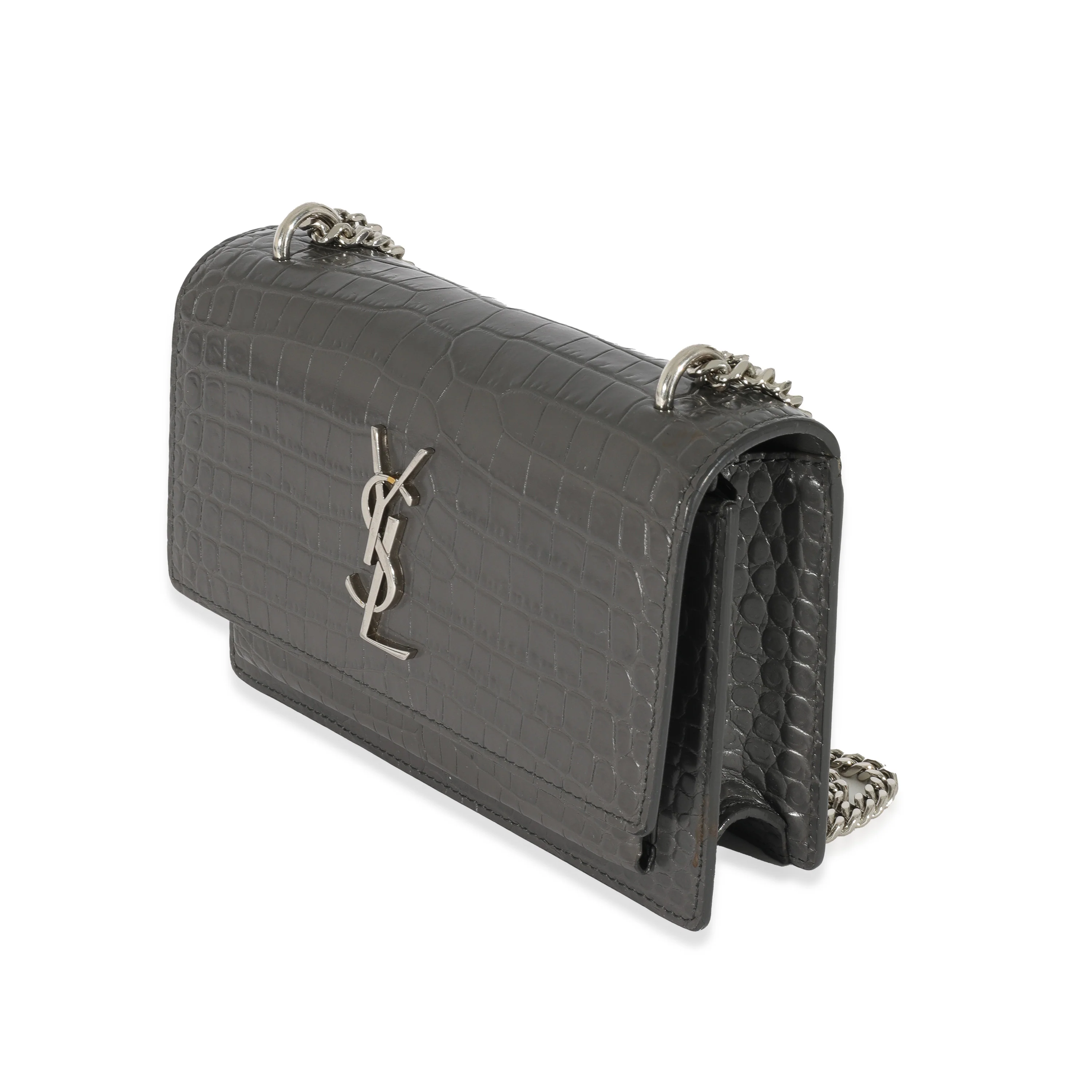 Saint Laurent Grey Croc Embossed Leather Mini Sunset Chain Bag - Image 2