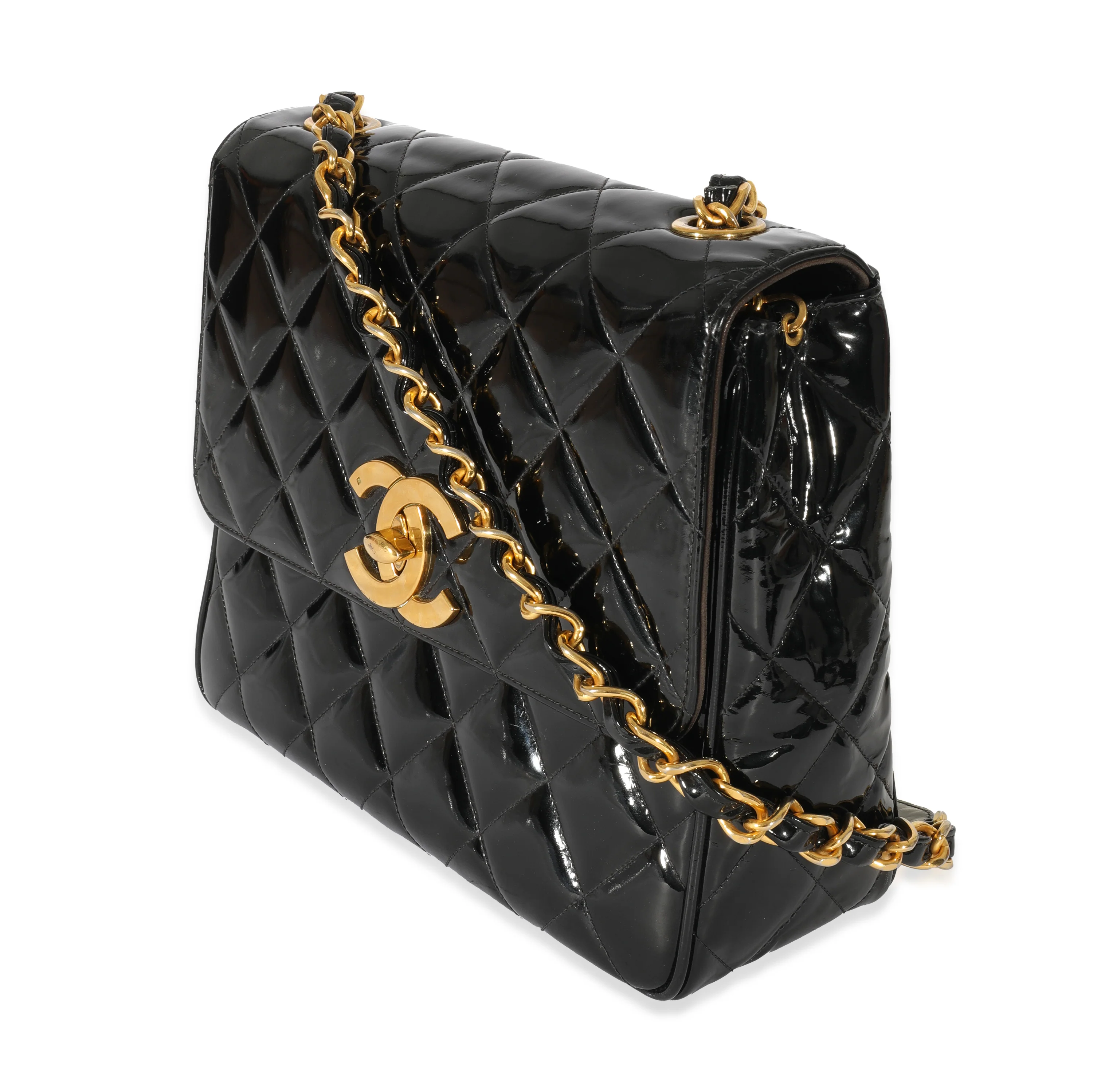 Chanel Black Patent Vintage XL CC Quilted Square Flap Bag - Image 2