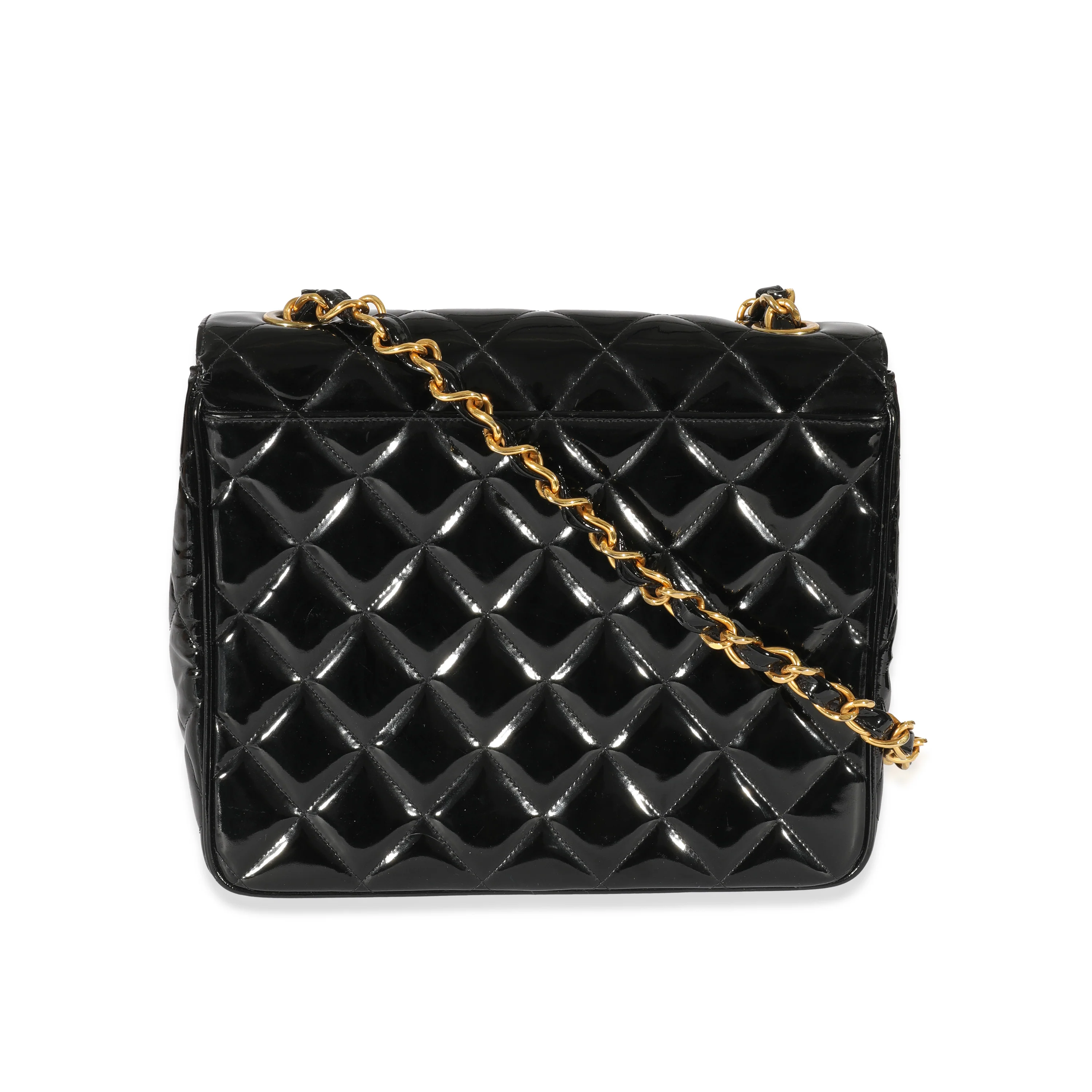 Chanel Black Patent Vintage XL CC Quilted Square Flap Bag - Image 3