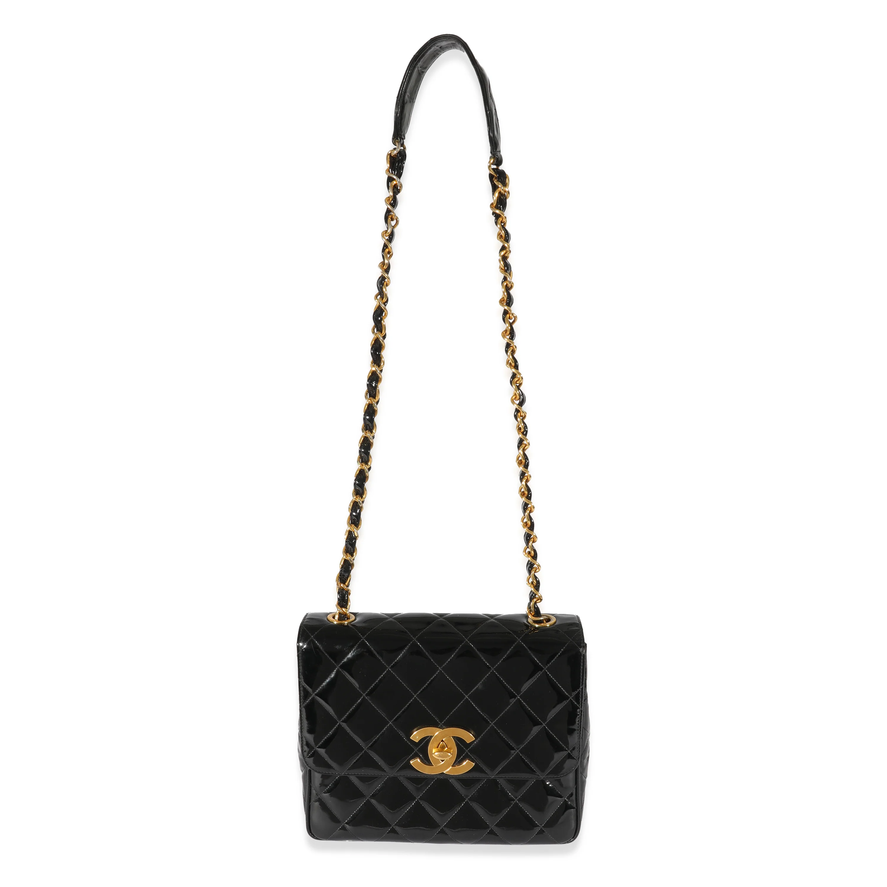 Chanel Black Patent Vintage XL CC Quilted Square Flap Bag - Image 4