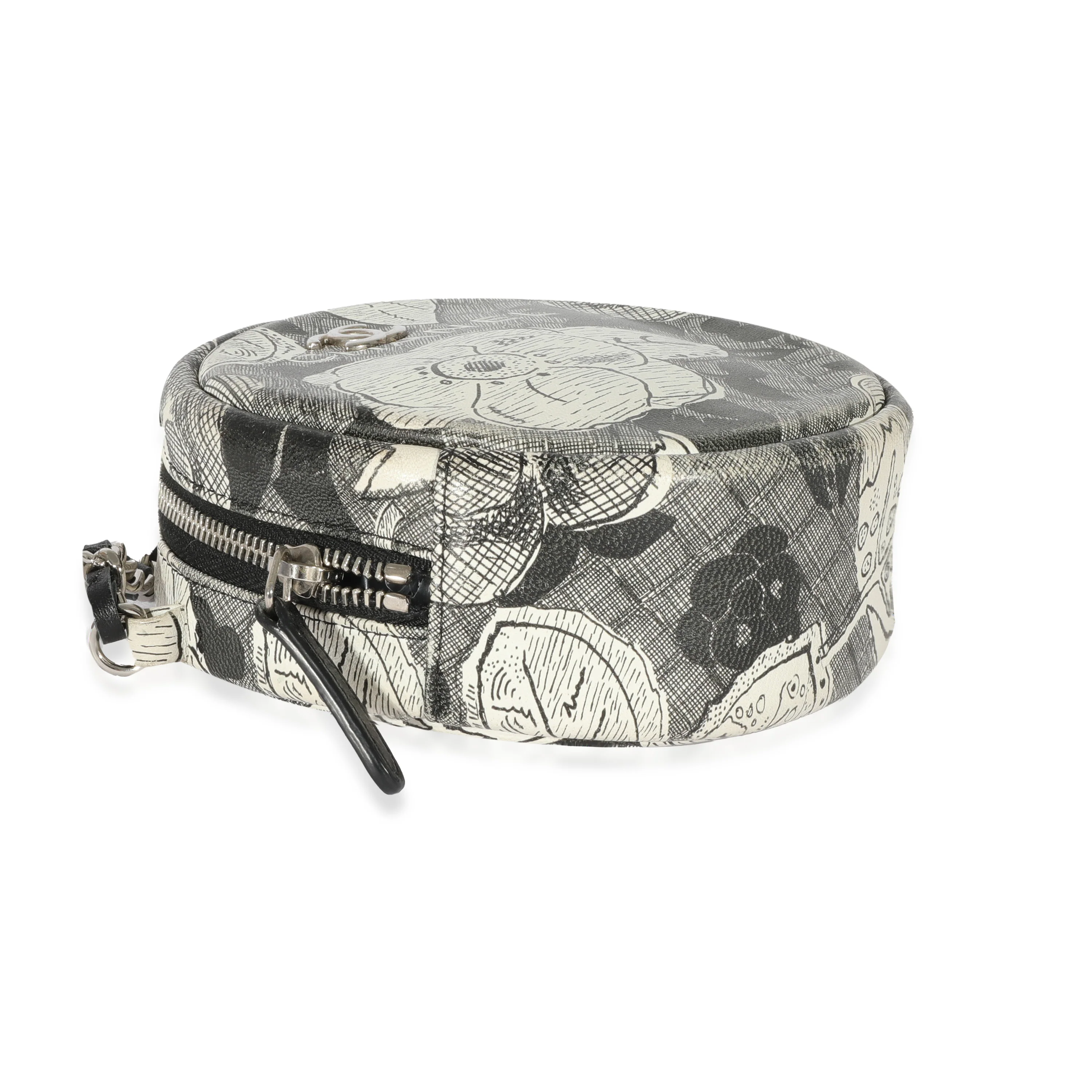 Chanel Black White Lambskin Floral CC Round Clutch With Chain - Image 4