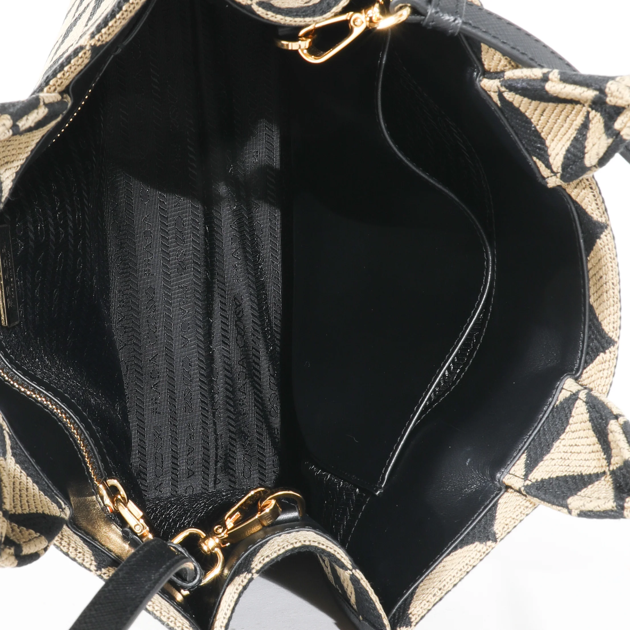 Prada Small Black Beige Embroidered Canvas Symbole Tote - Image 8