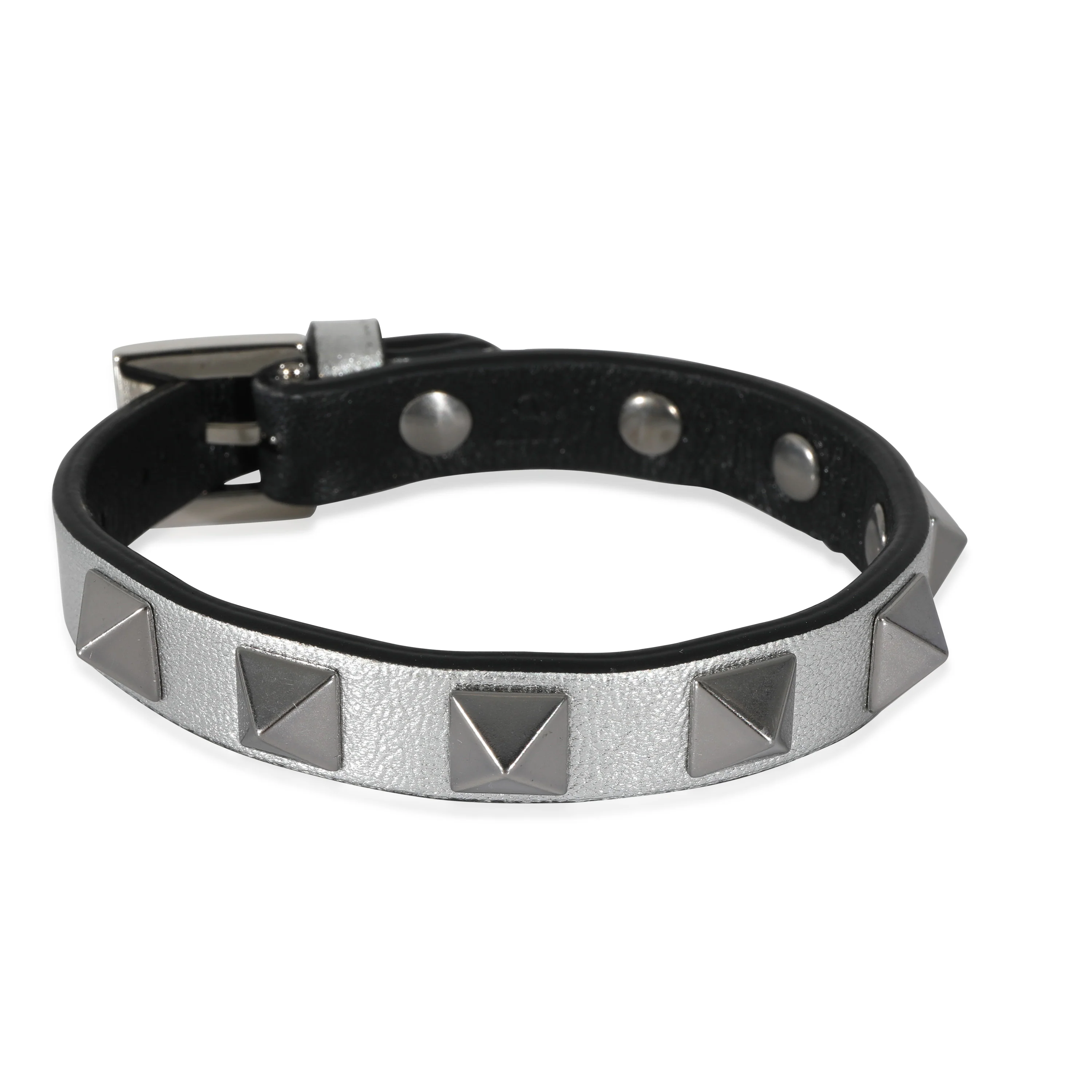 Silver Tone Metal Valentino Stud Leather Bracelet - Image 3