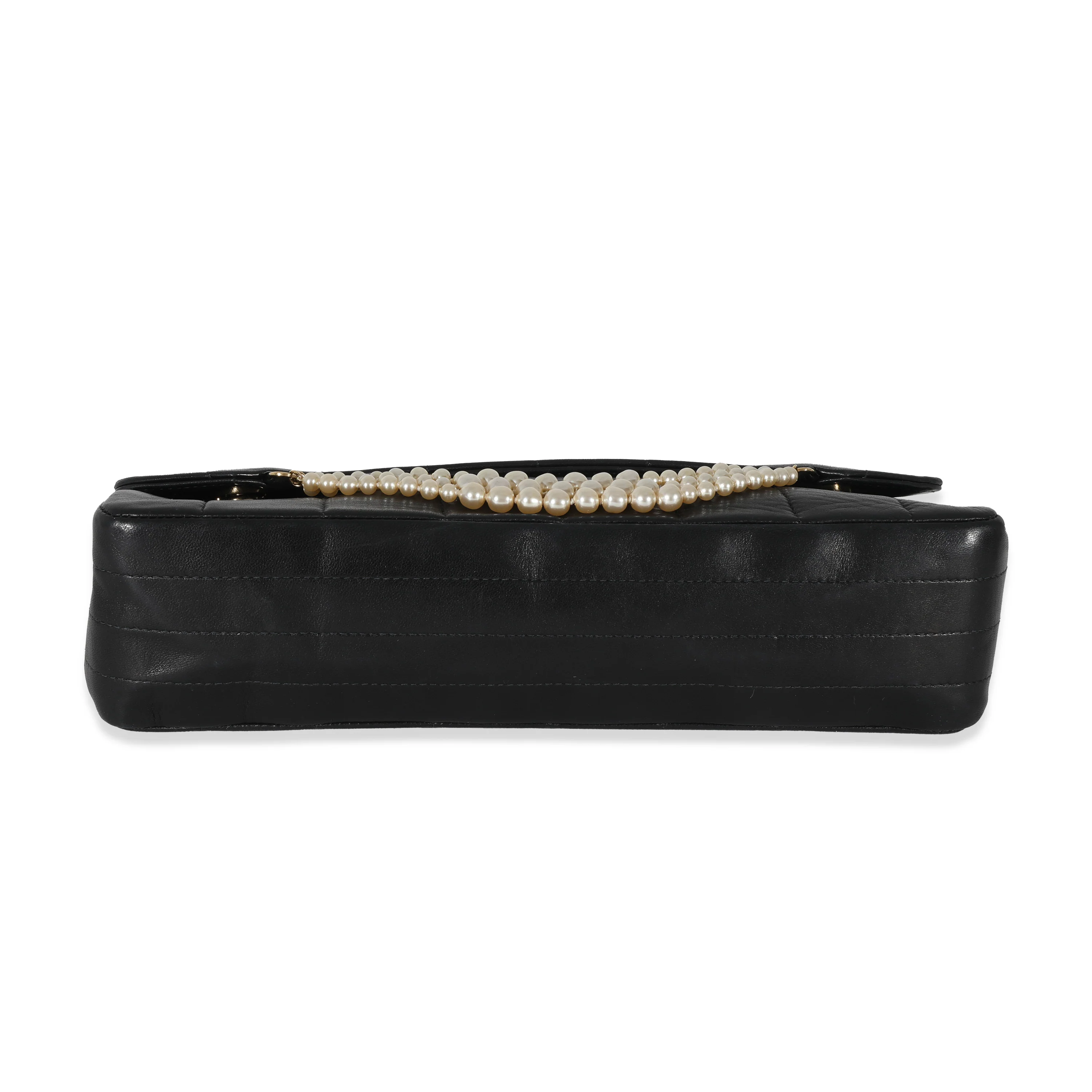 Chanel Vintage Black Lambskin Square Quilted Pearl Chain Clutch - Image 4
