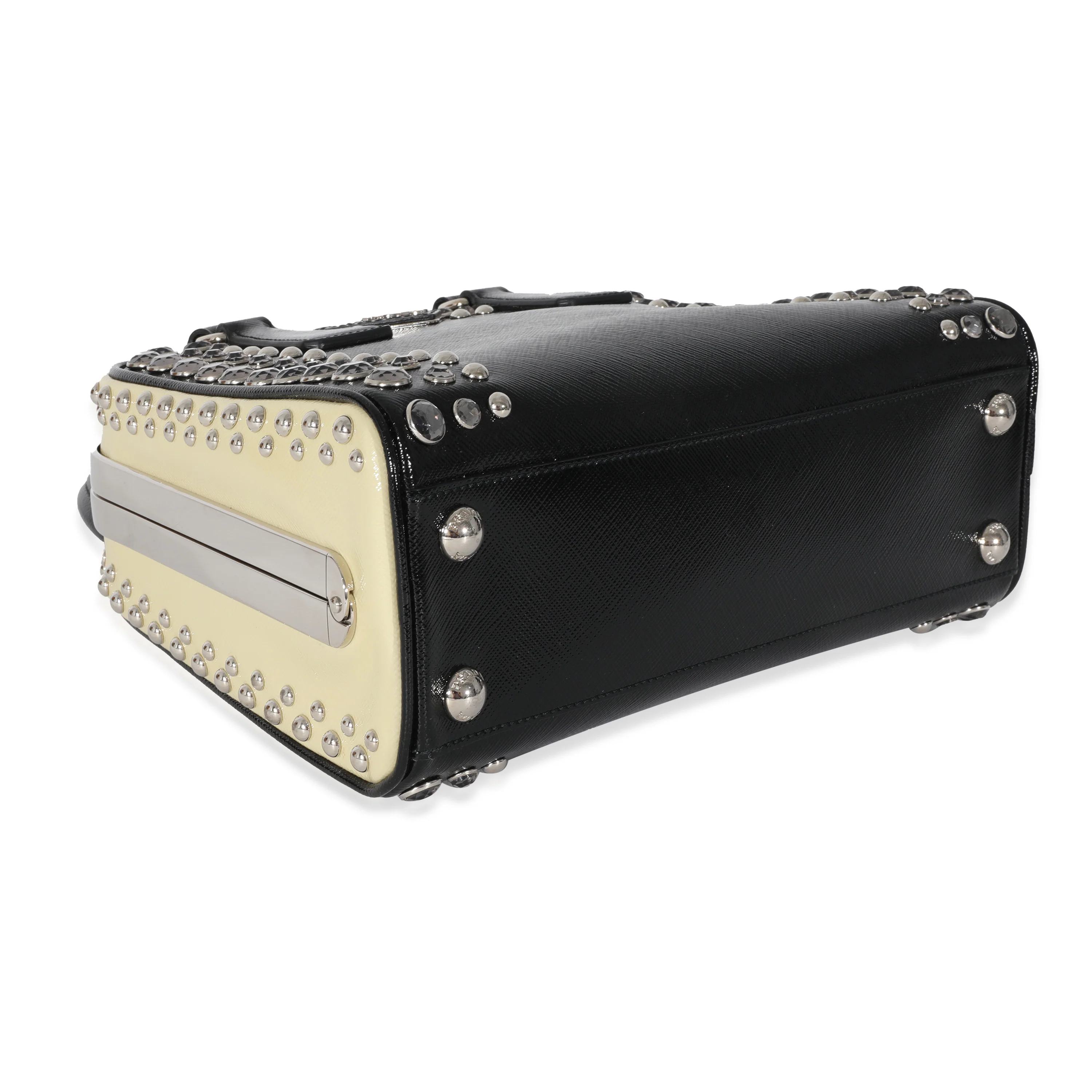 Prada Black White Saffiano Patent Pyramid Studded Frame Satchel - Image 5