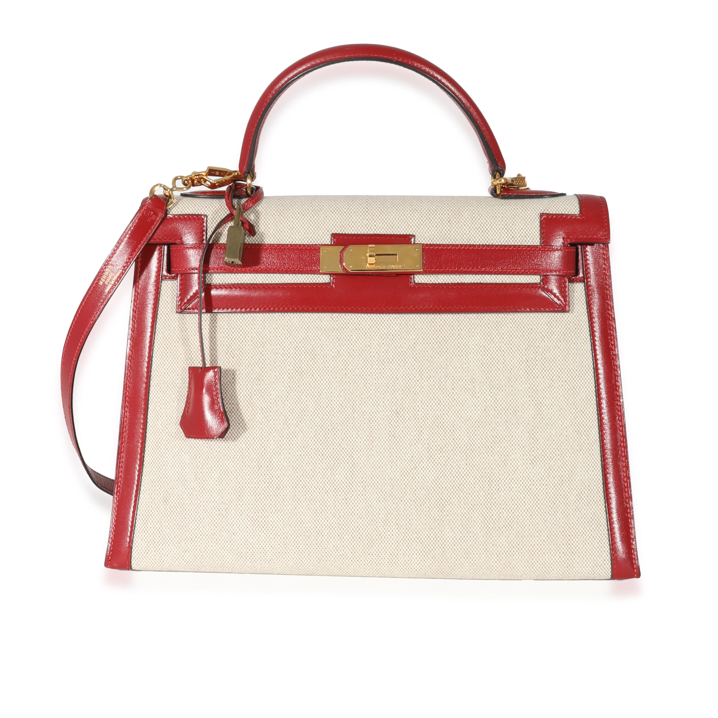 Hermes Vintage Rouge Box Natural Toile Sellier Kelly 32 GHW