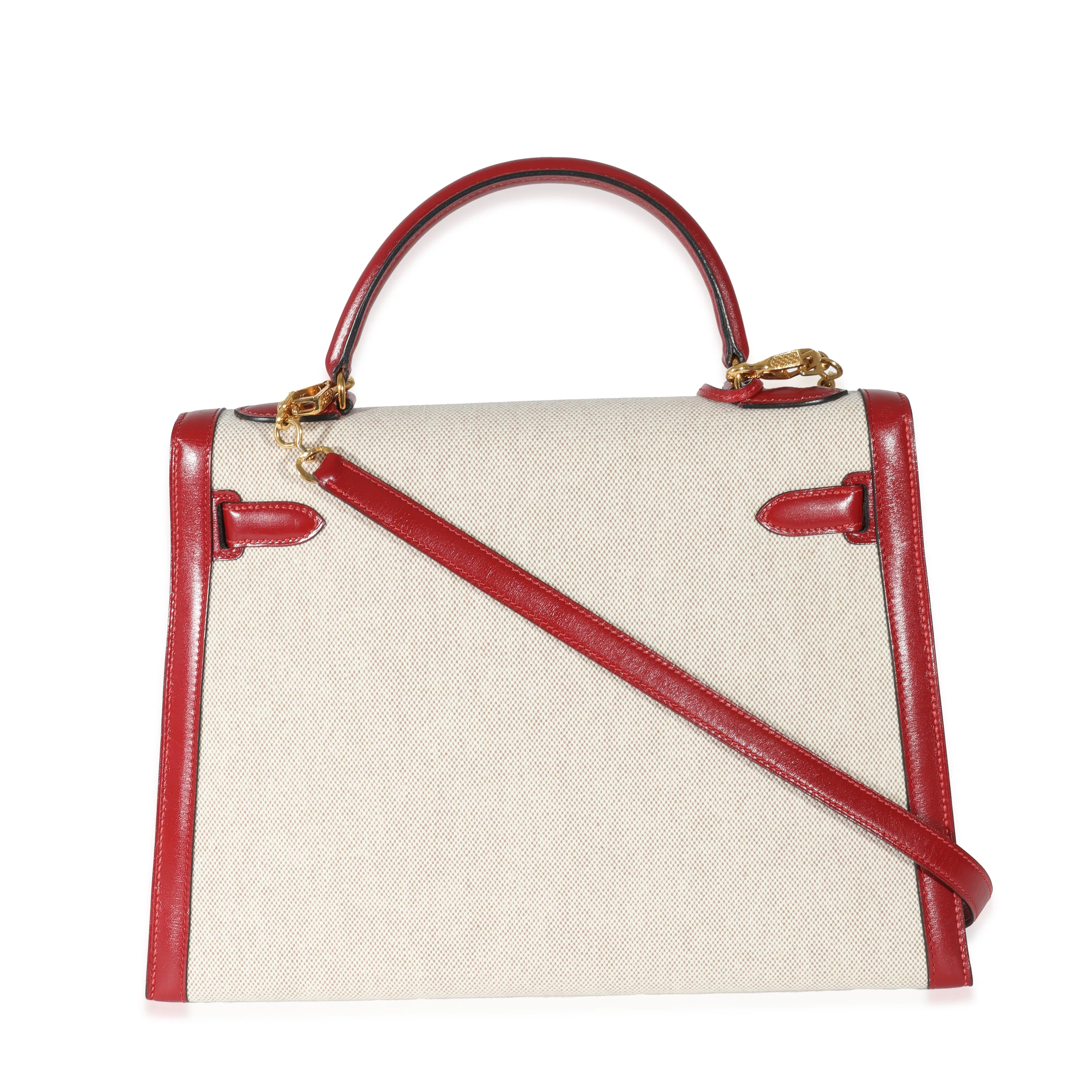 Hermes Vintage Rouge Box Natural Toile Sellier Kelly 32 GHW - Image 3