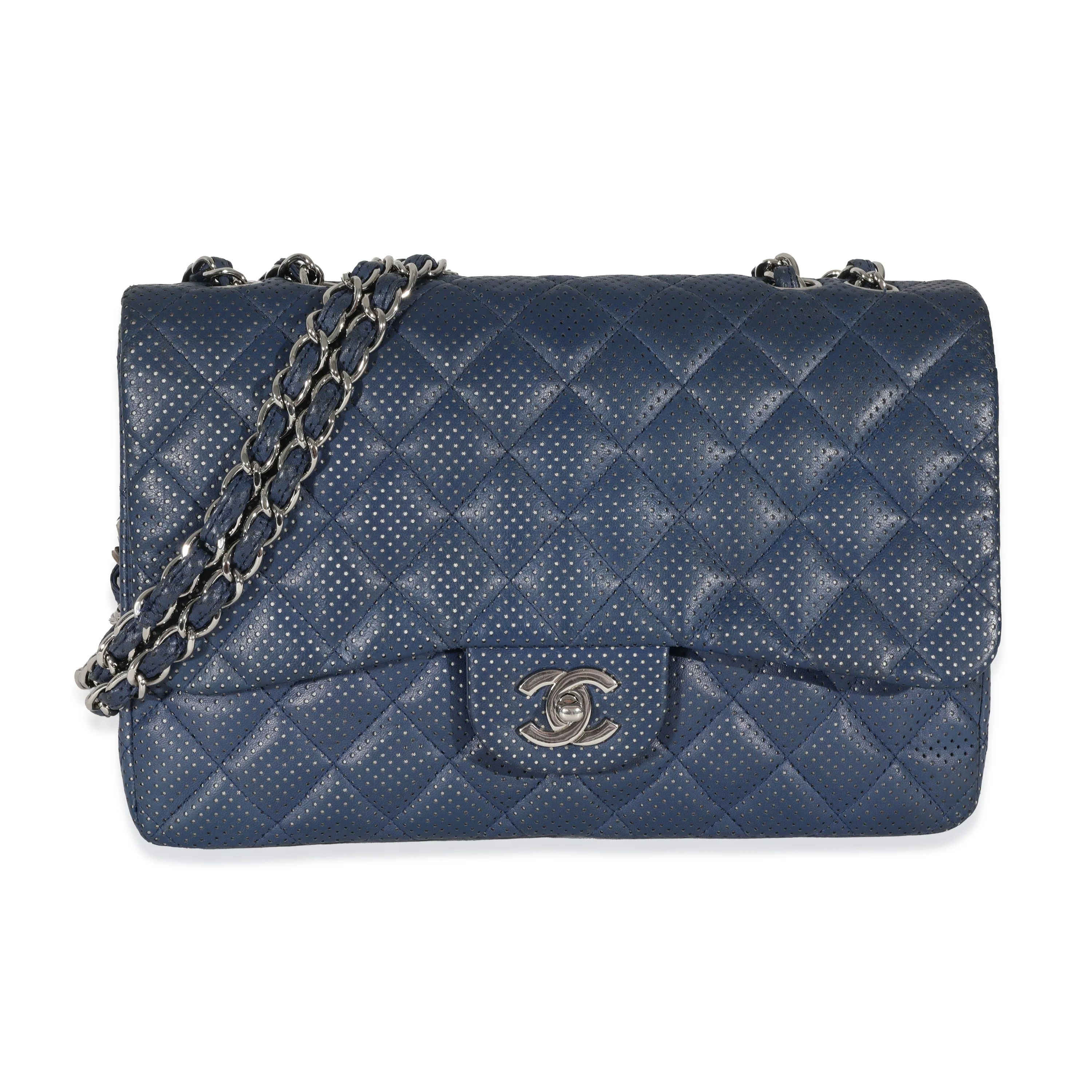 Chanel Navy Perforated Lambskin Jumbo Single Flap Bag