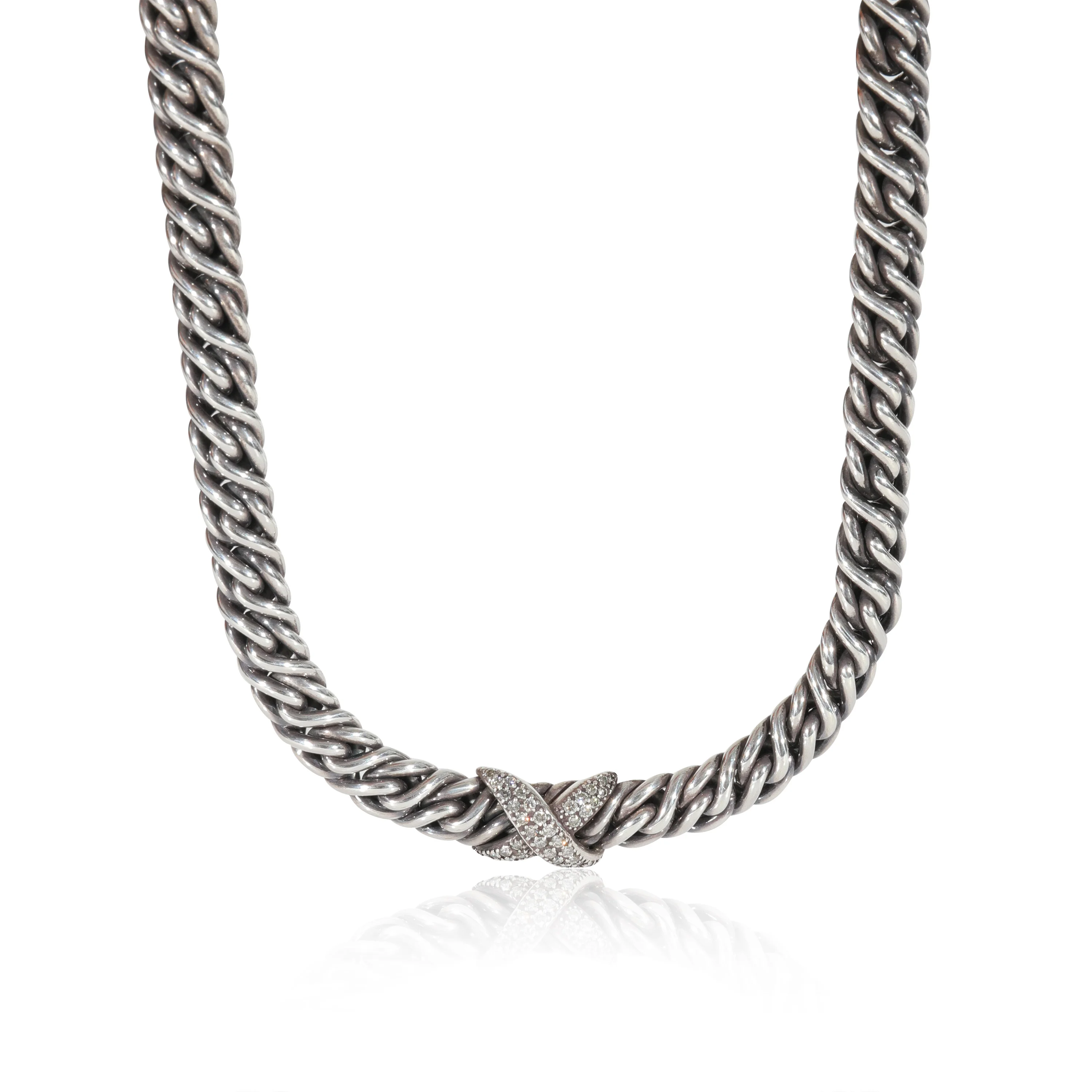 David Yurman Vintage Wheat Chain Diamond X Necklace in Sterling Silver 0.63 CTW