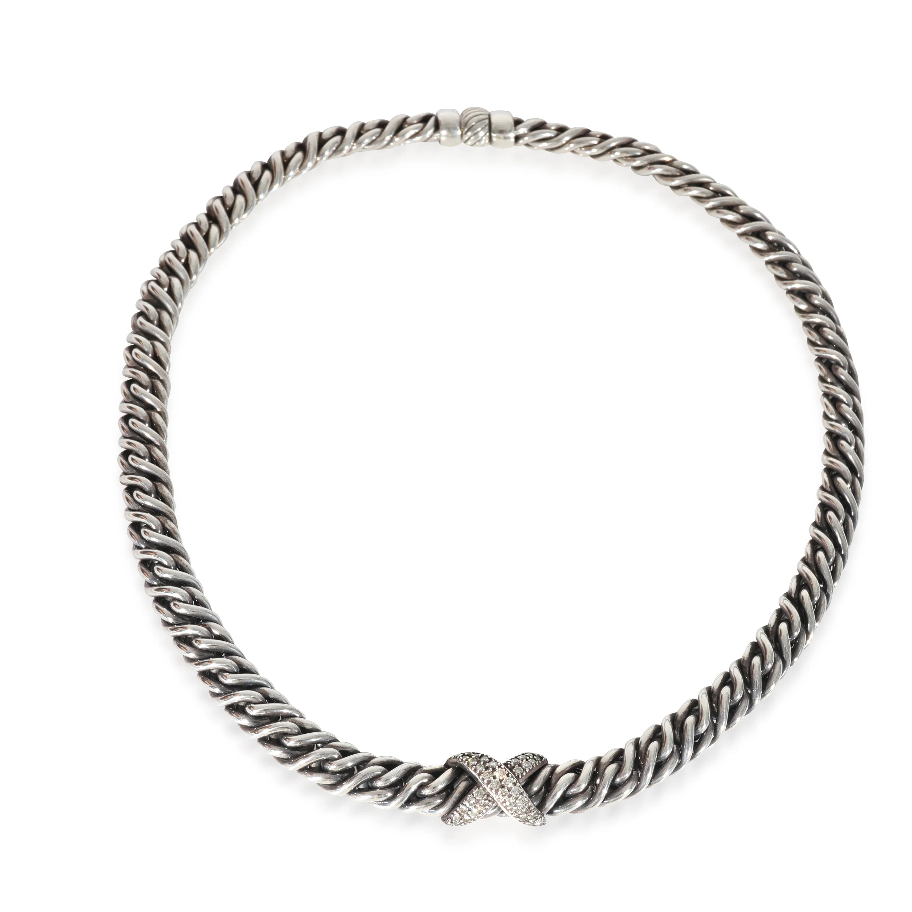 David Yurman Vintage Wheat Chain Diamond X Necklace in Sterling Silver 0.63 CTW - Image 2