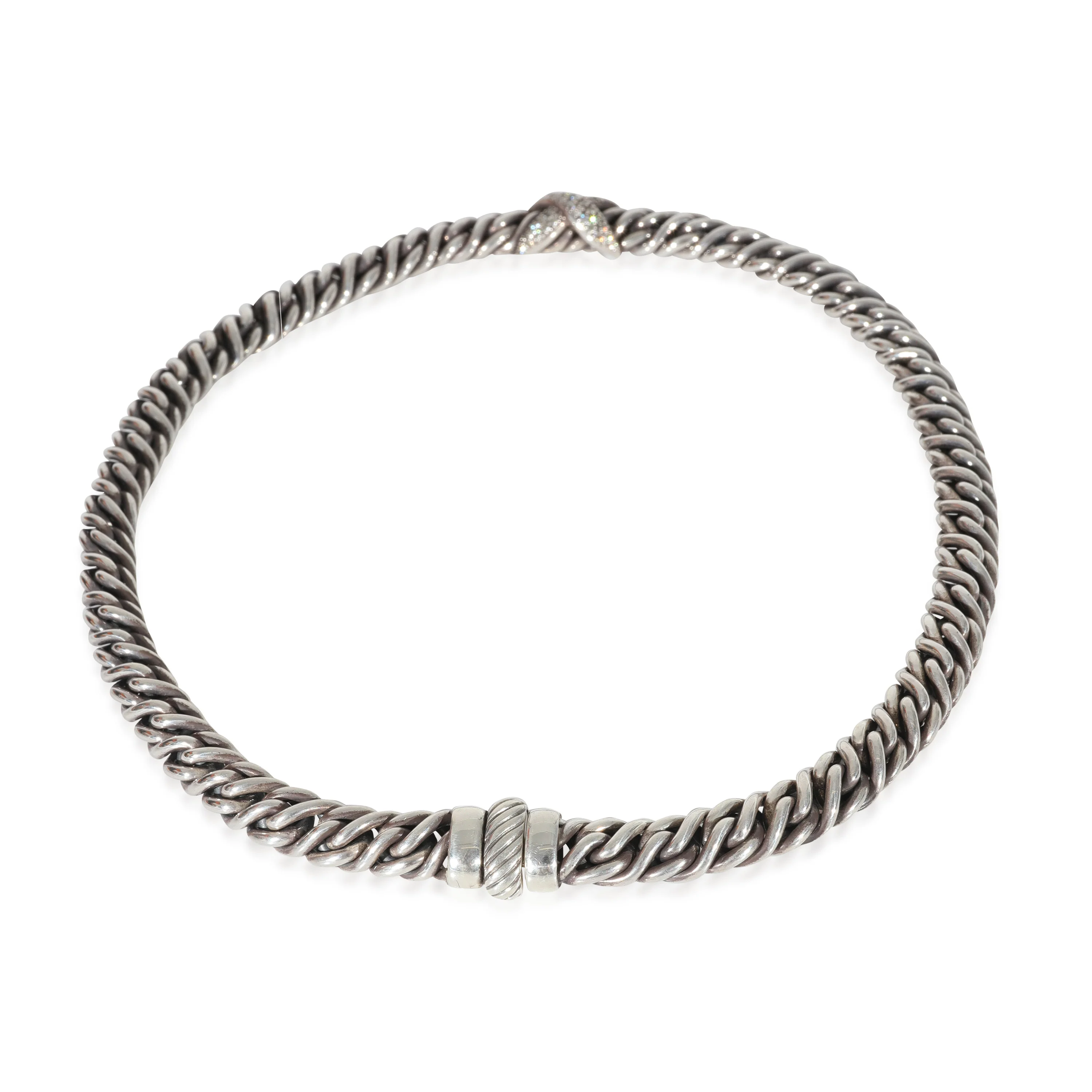 David Yurman Vintage Wheat Chain Diamond X Necklace in Sterling Silver 0.63 CTW - Image 3