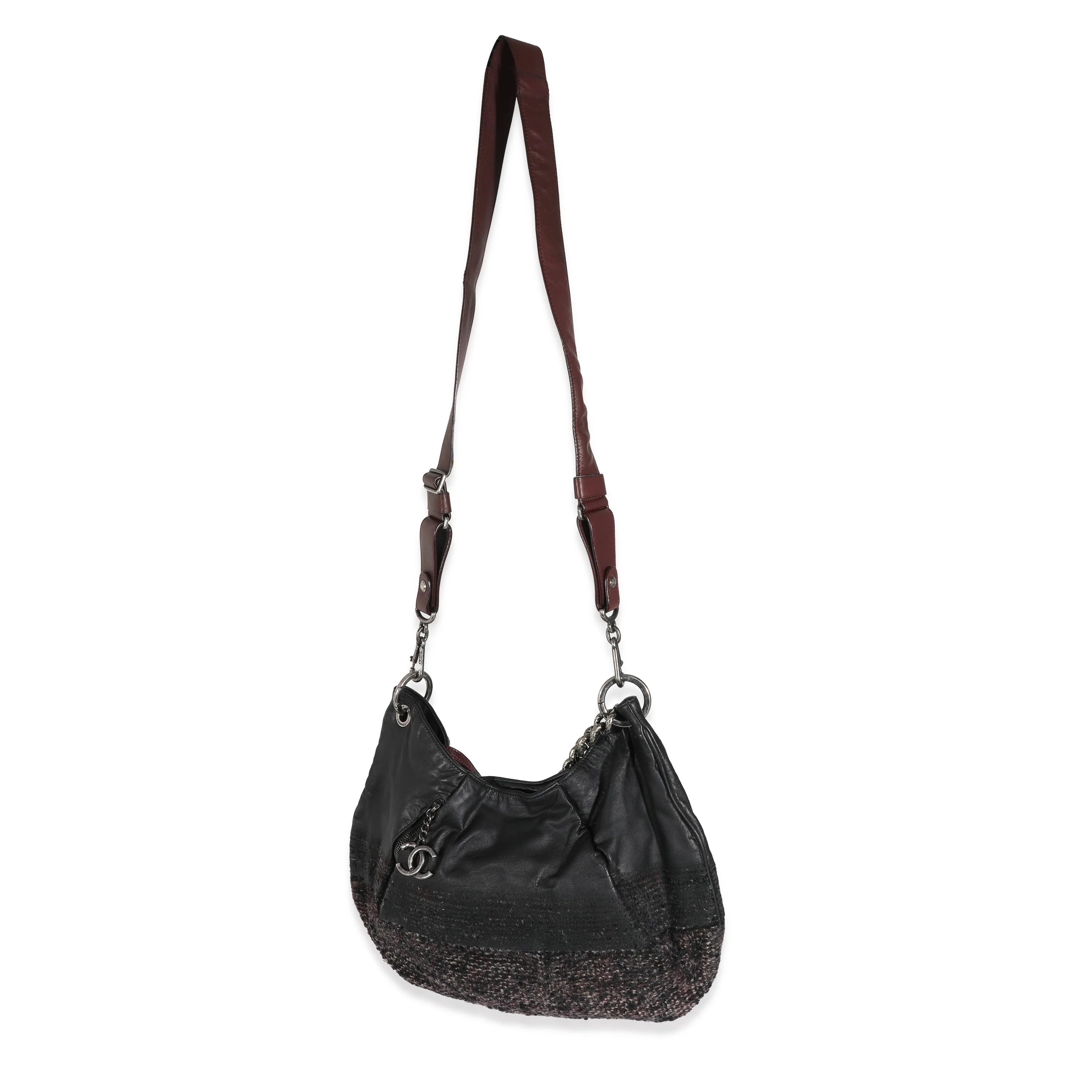Black Tweed Leather Coco Pleats Hobo - Image 8