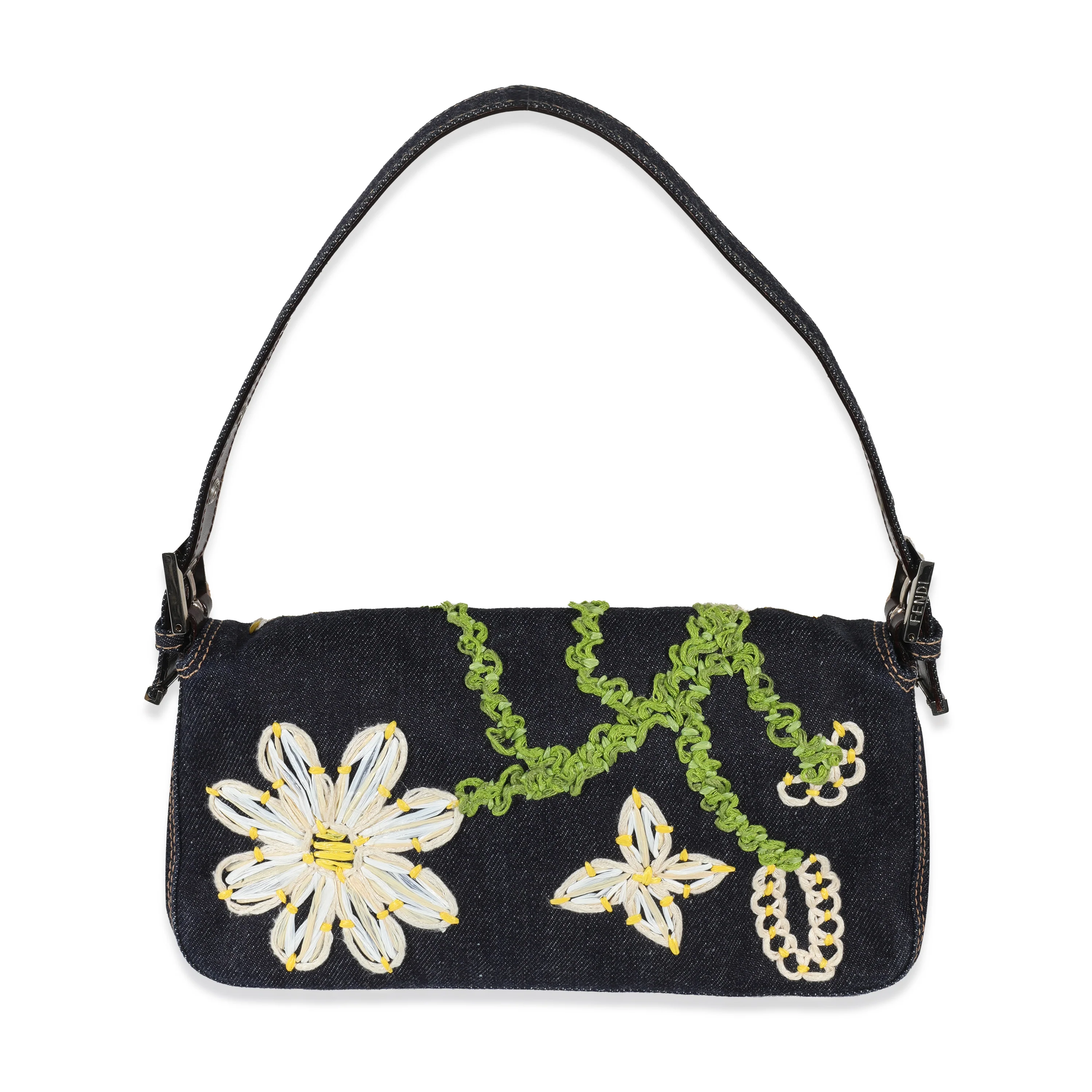 Fendi Navy Denim Yellow Flower Raffia Embroidered Baguette Bag - Image 2