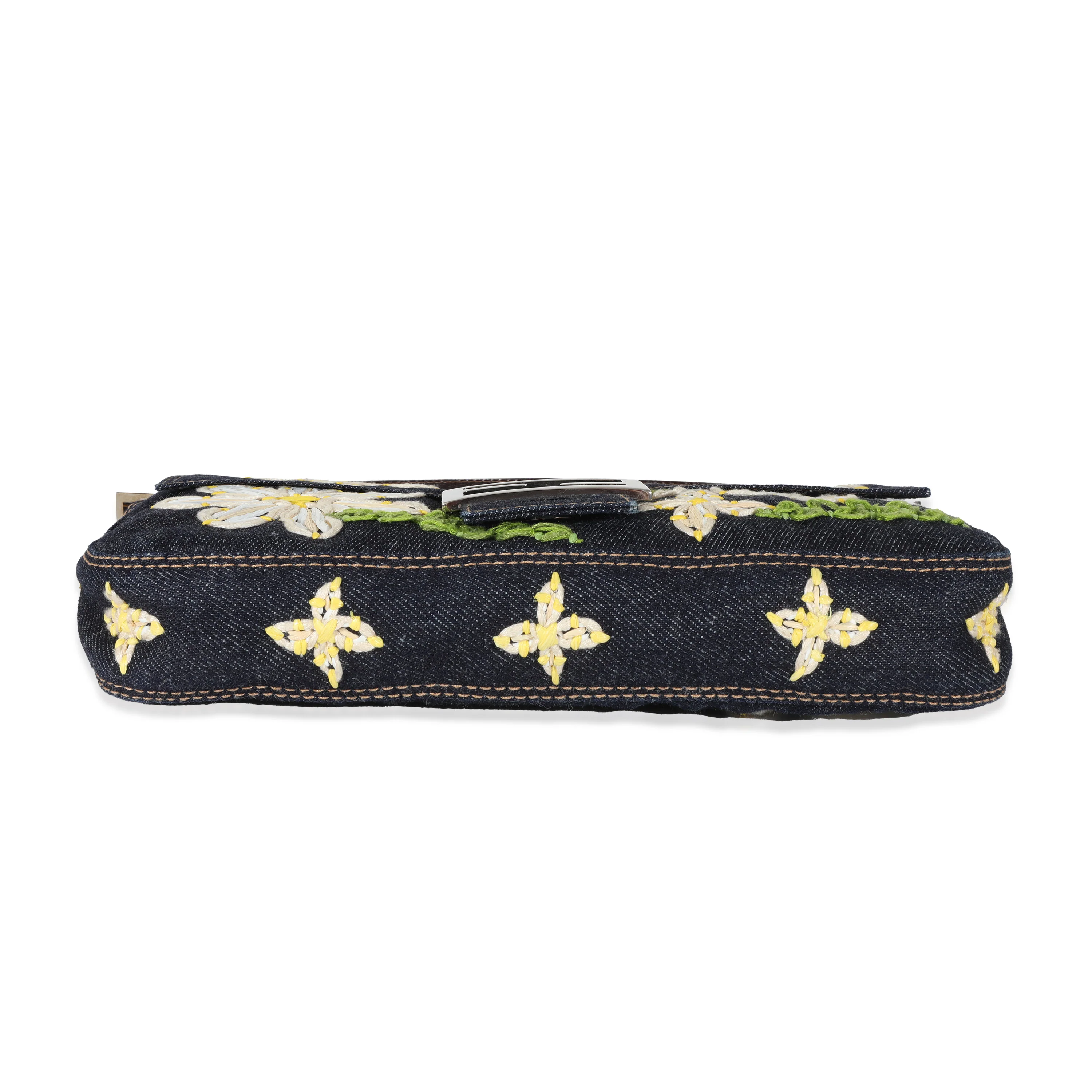 Fendi Navy Denim Yellow Flower Raffia Embroidered Baguette Bag - Image 3